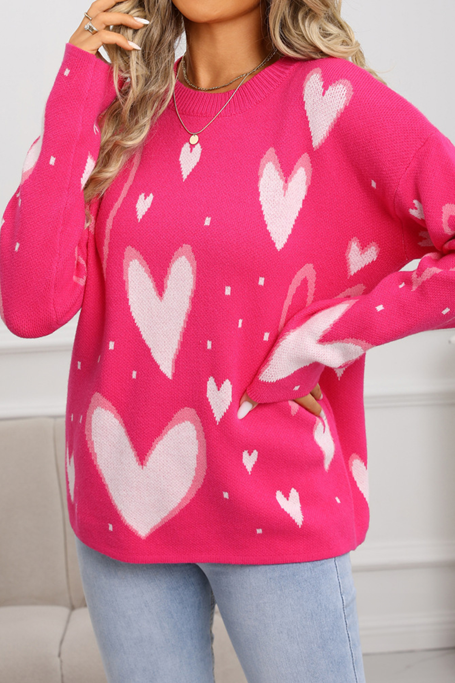 White Splendid Heart Print Valentines Day Sweater