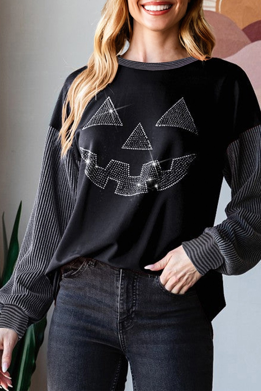 Black Halloween Rhinestone Pumpkin Face Contrast Ribbed Long Sleeve Patchwork Top