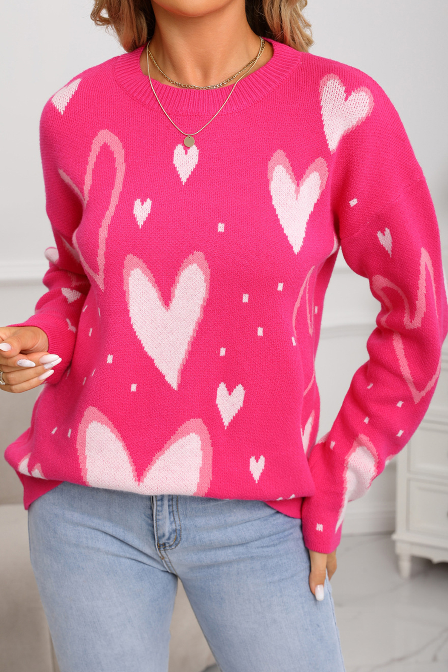 White Splendid Heart Print Valentines Day Sweater