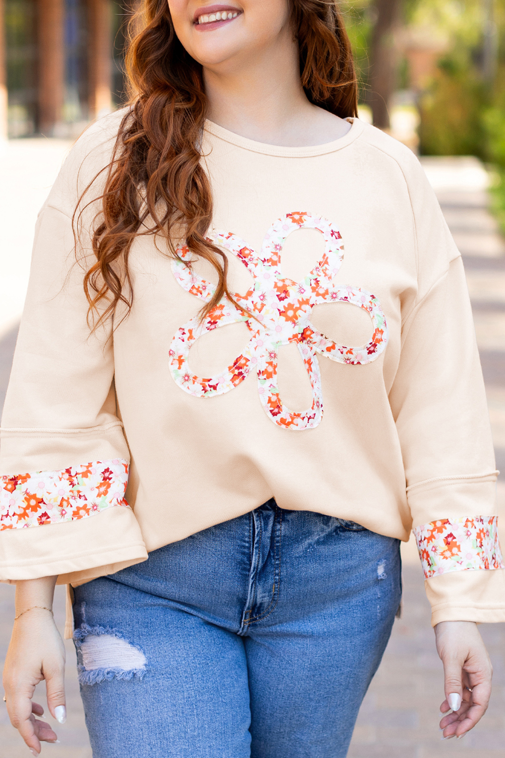 Beige Flower Patch Graphic Exposed Seam Wide Sleeve Top
