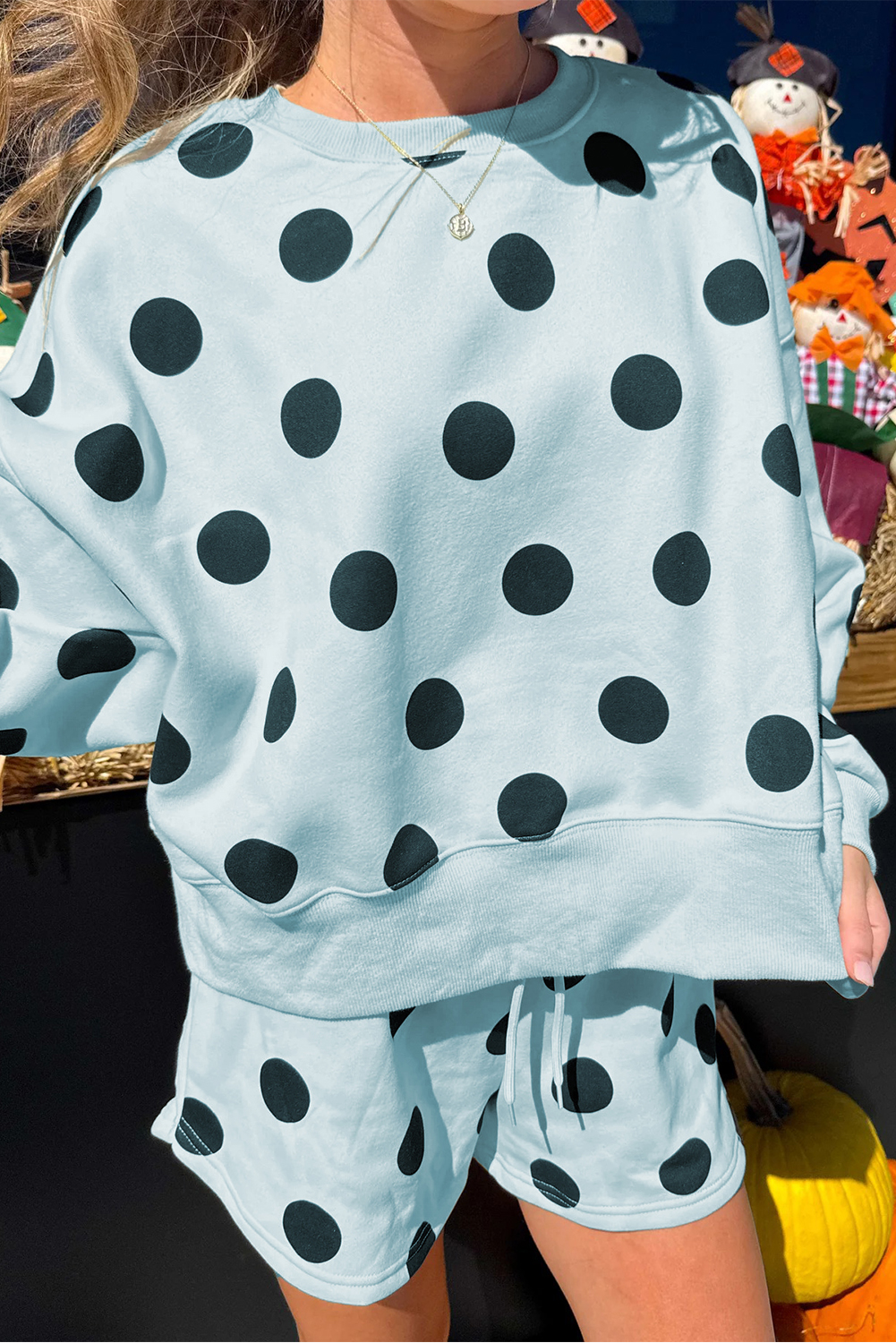 Beige Polka Dot Print Drop Shoulder Pullover Drawstring Jogger Pant Set