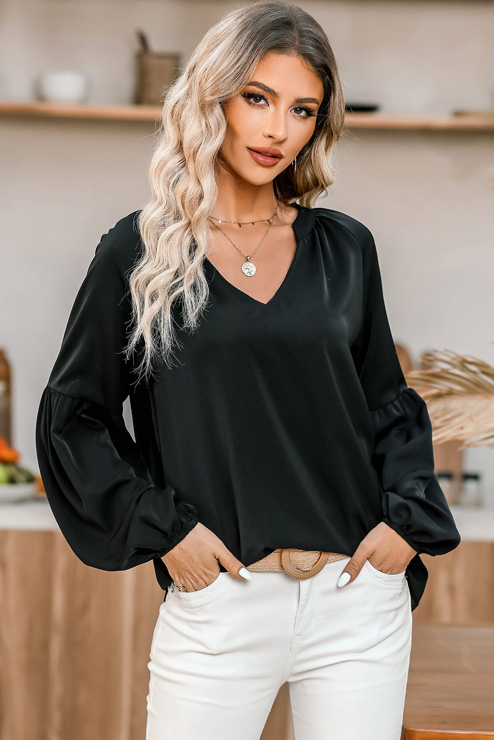 Black V Neck Long Puff Sleeve Top