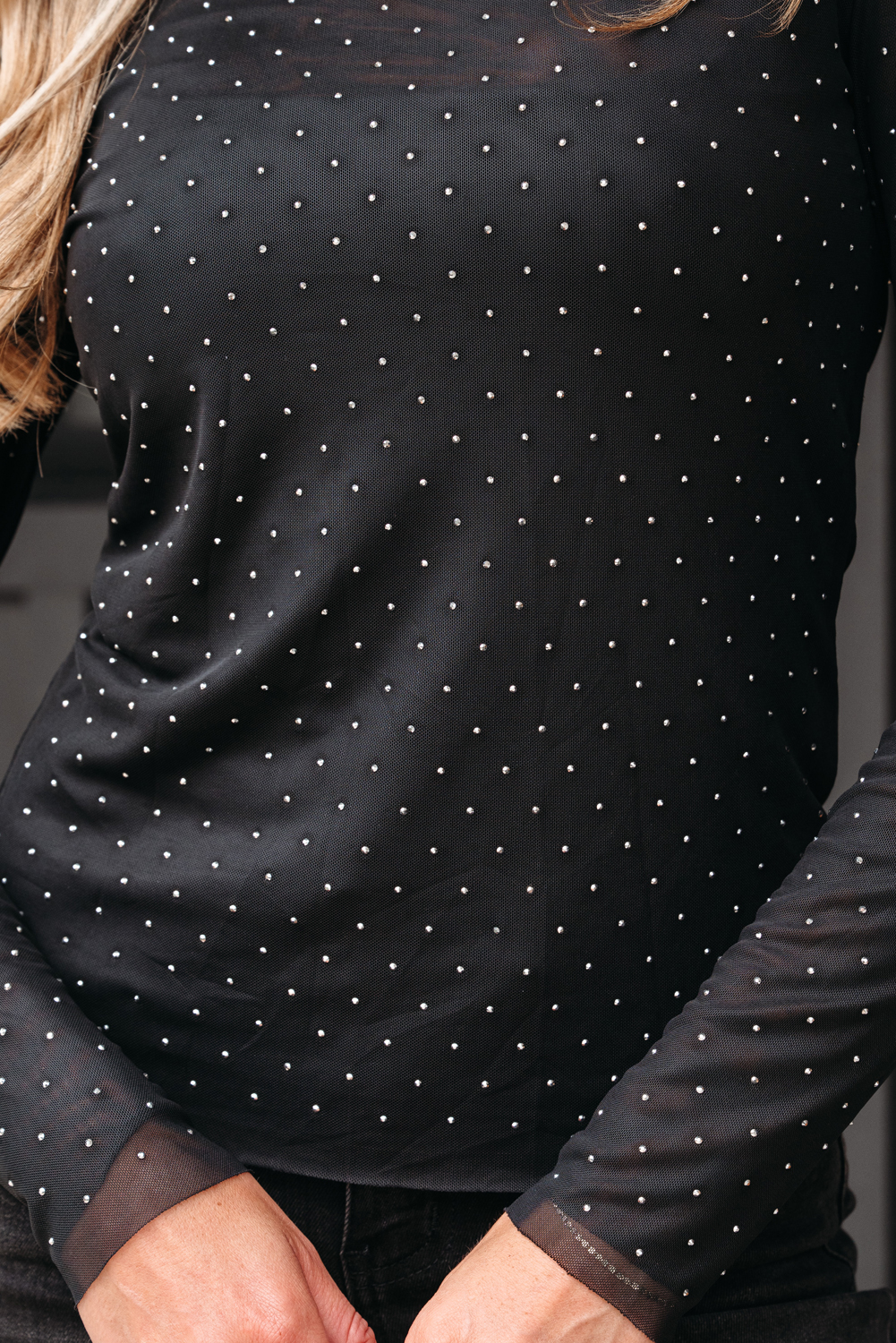 Black Rhinestone Embellished Mesh Long Sleeve Top