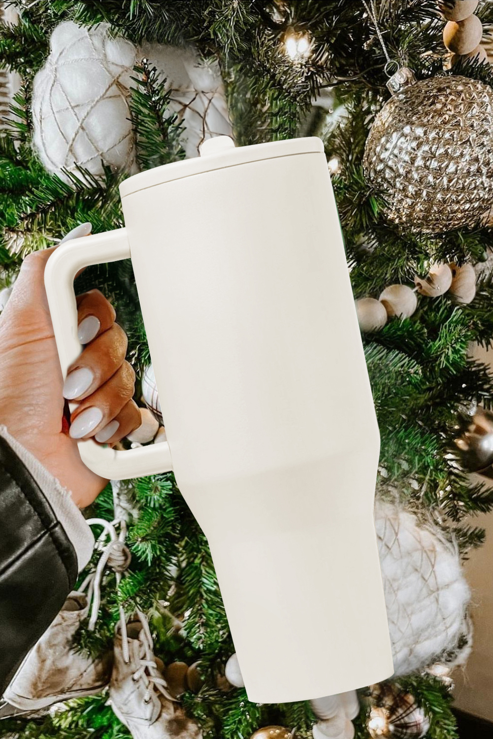 White Frosted Stainless Handle Large Vacuum Cup with Straw 40oz