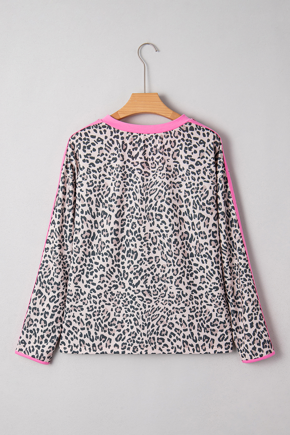 Khaki Leopard Print Contrast V Neck Varsity Stripe Detail Long Sleeve Top