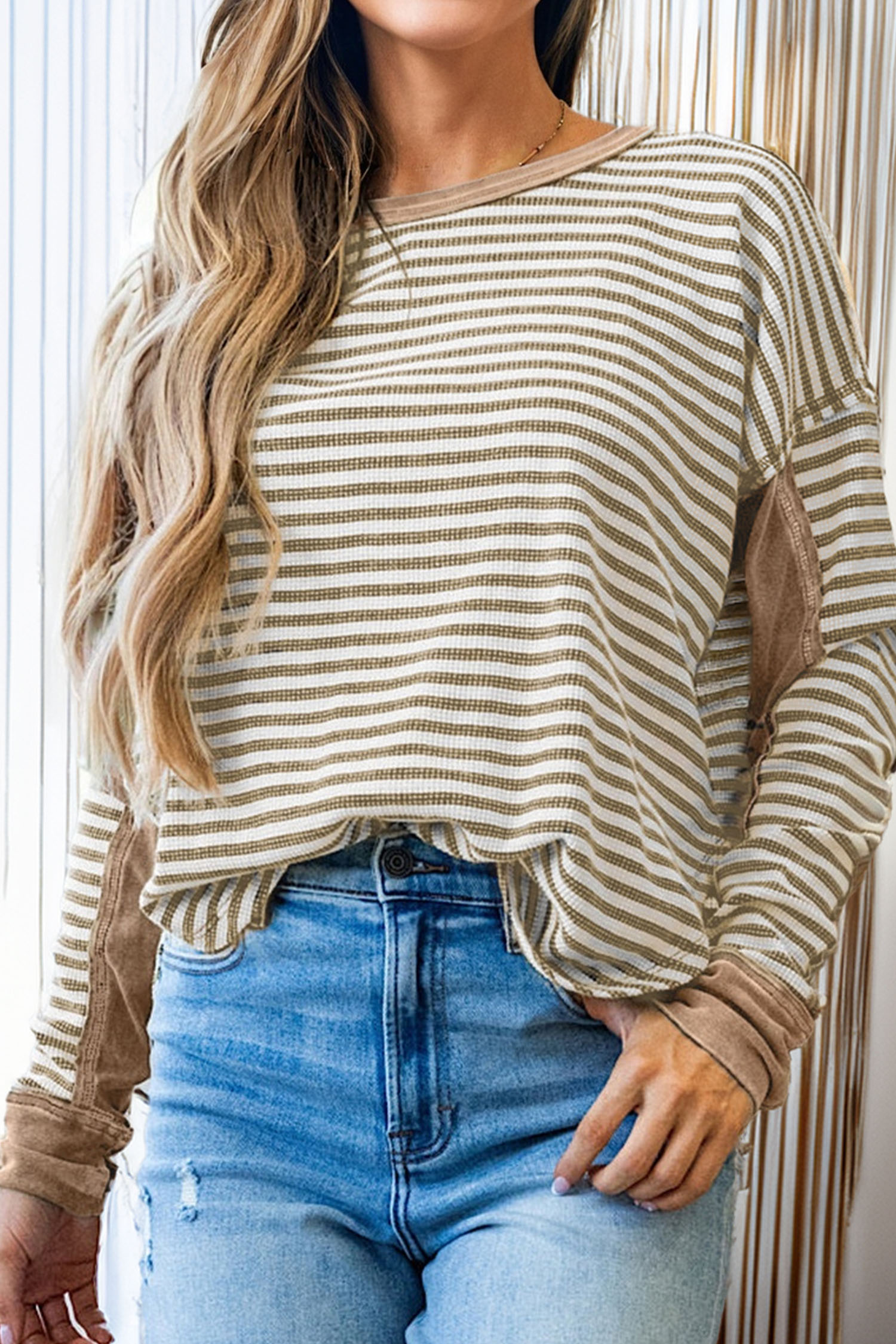 Dearlovers Green Stripe Thermal Knit Drop Shoulder Casual Top
