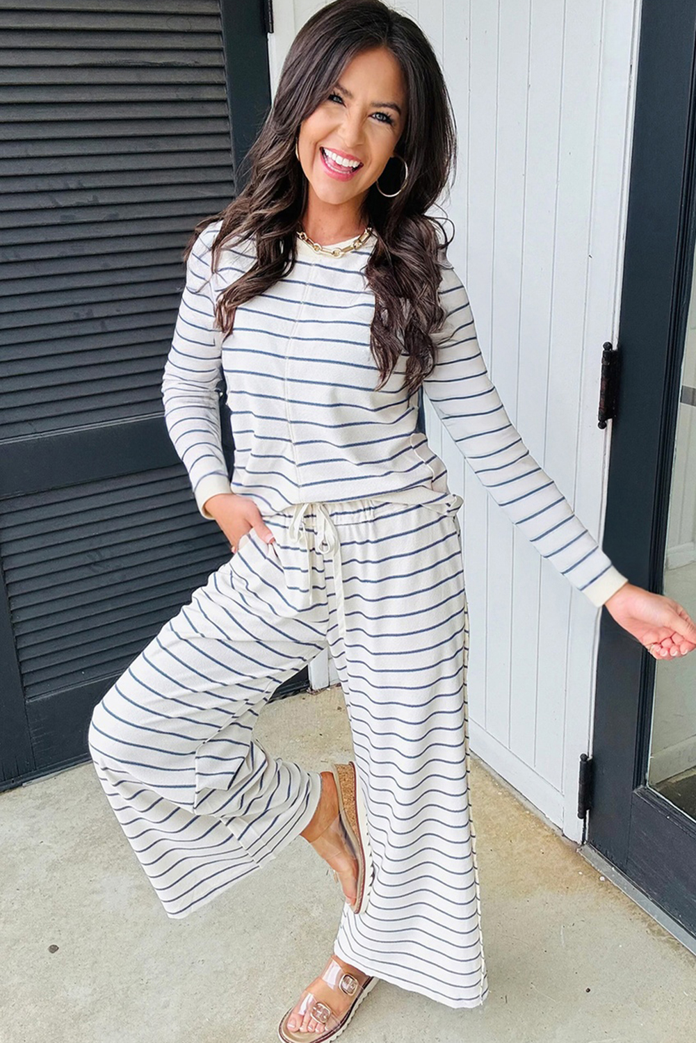 Sail Blue Striped Long Sleeve Top Drawstring Wide Leg Pants 2pcs Outfit