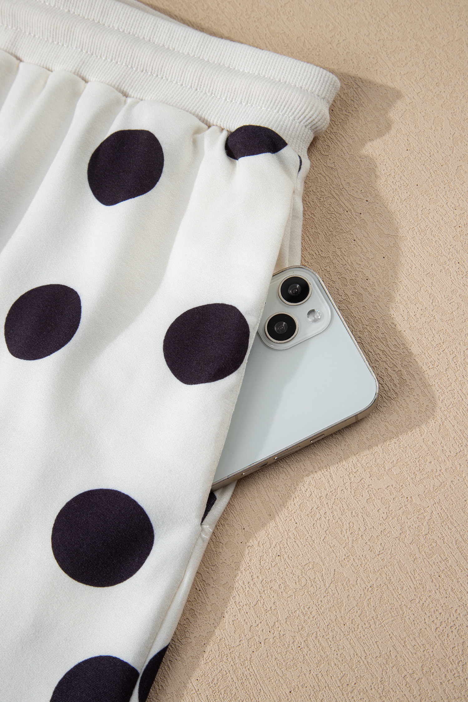 Beige Polka Dot Print Drop Shoulder Pullover Drawstring Jogger Pant Set