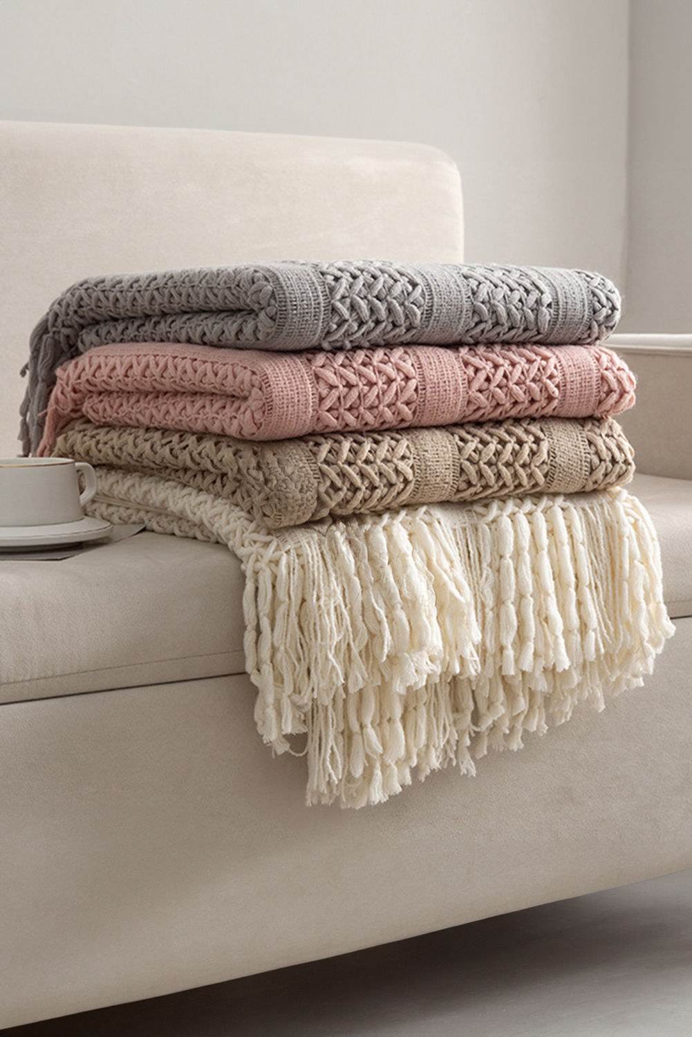 Dusty Pink Fashion Texture Design Tassel Trim Blanket