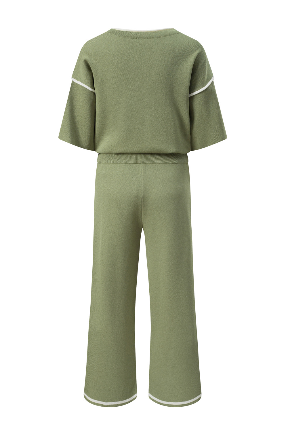 Blackish Green Contrast Trim Half Sleeve Top Drawstring Pants Loose 2pcs Sweater Suit