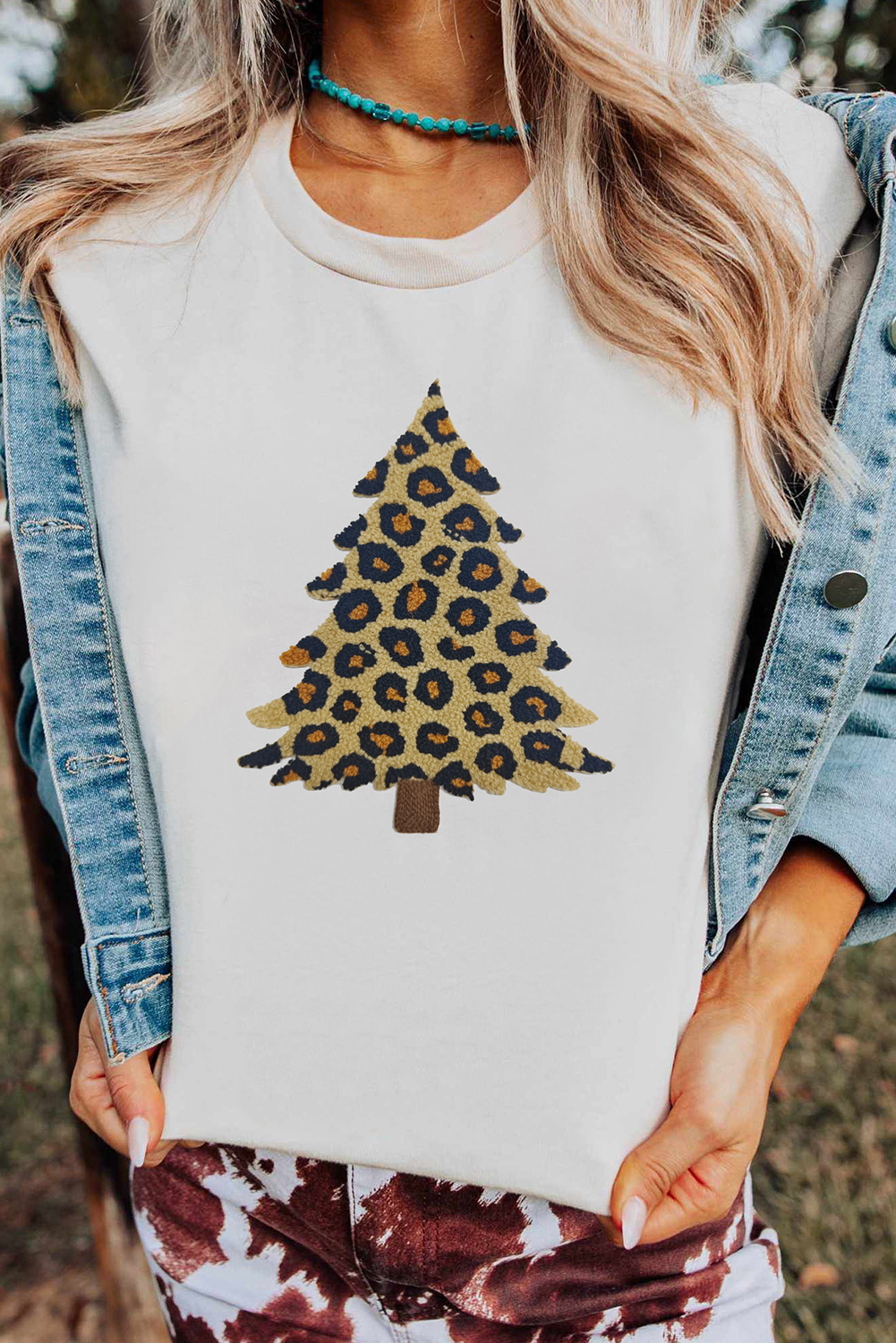 White Leopard Plush Christmas Tree Patched Graphic Tee