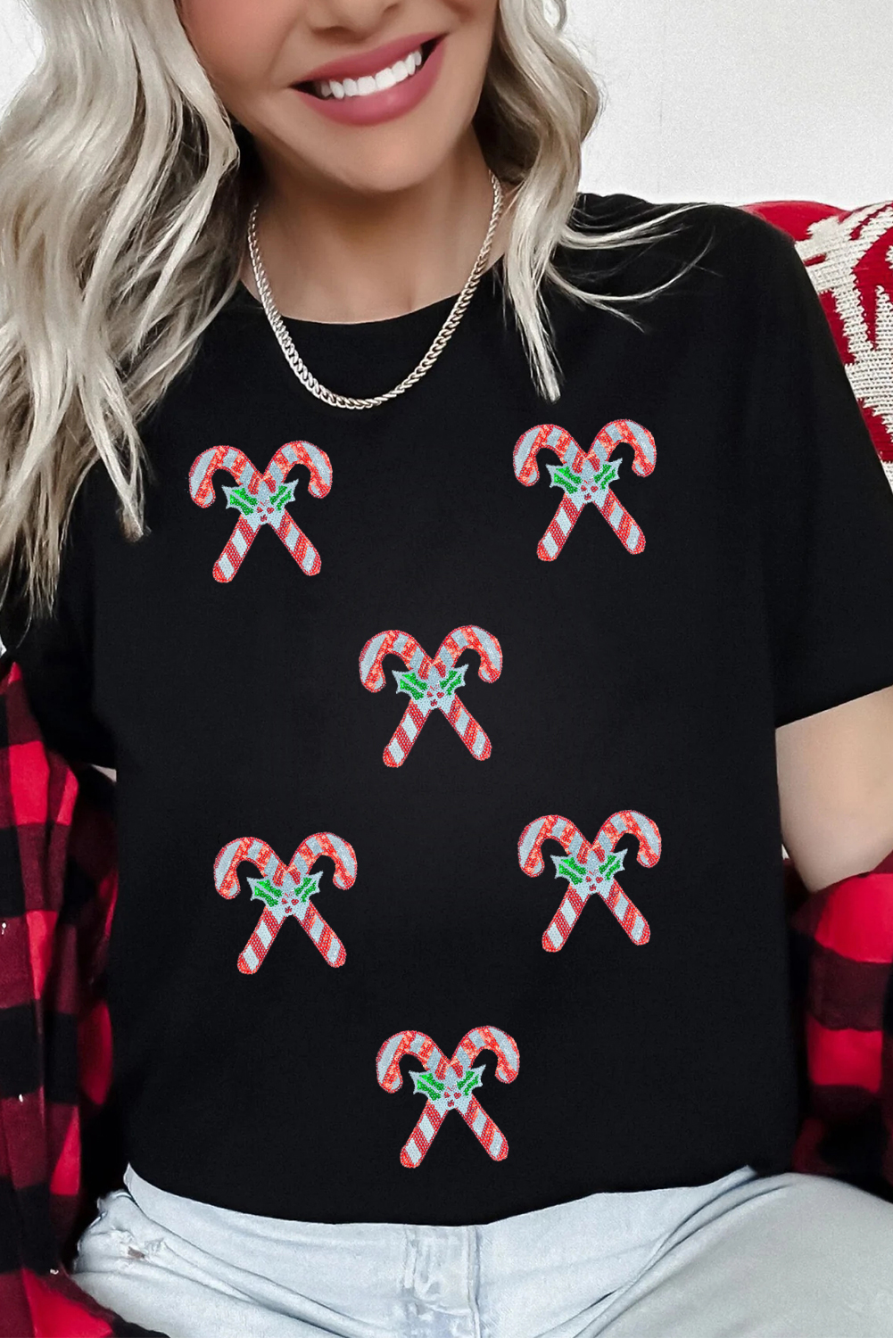 Black Holly Candy Cane Christmas Sequin Graphic T Shirt