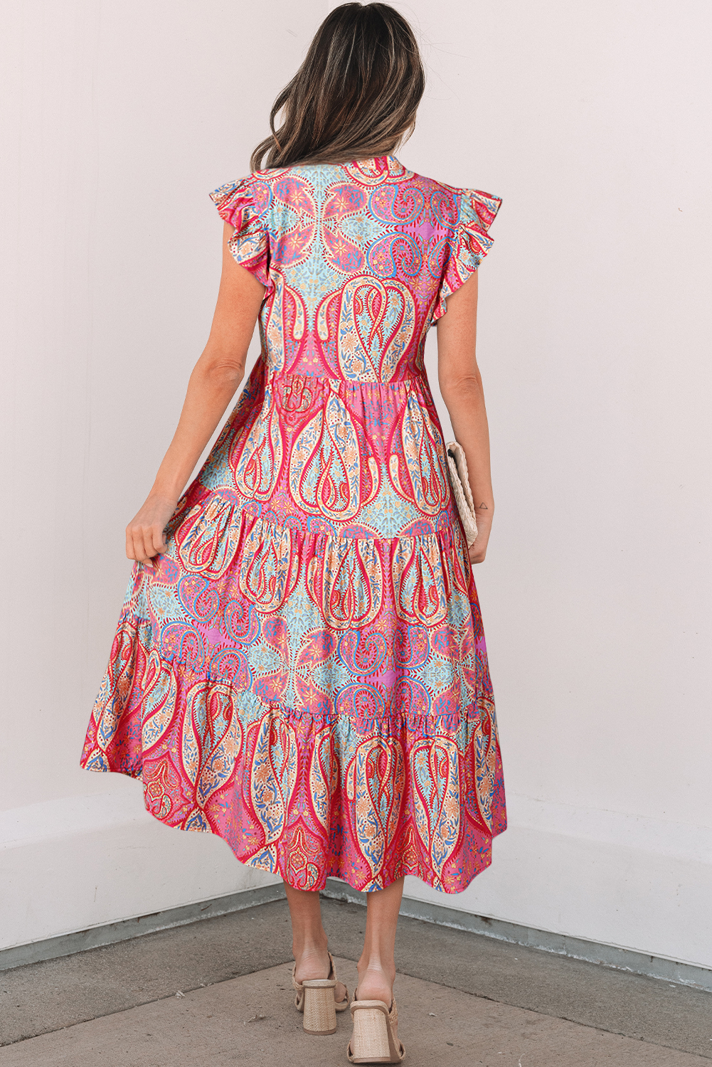 Rose Tribal Paisley Print Ruffled Sleeve Notch Neck Midi Dress