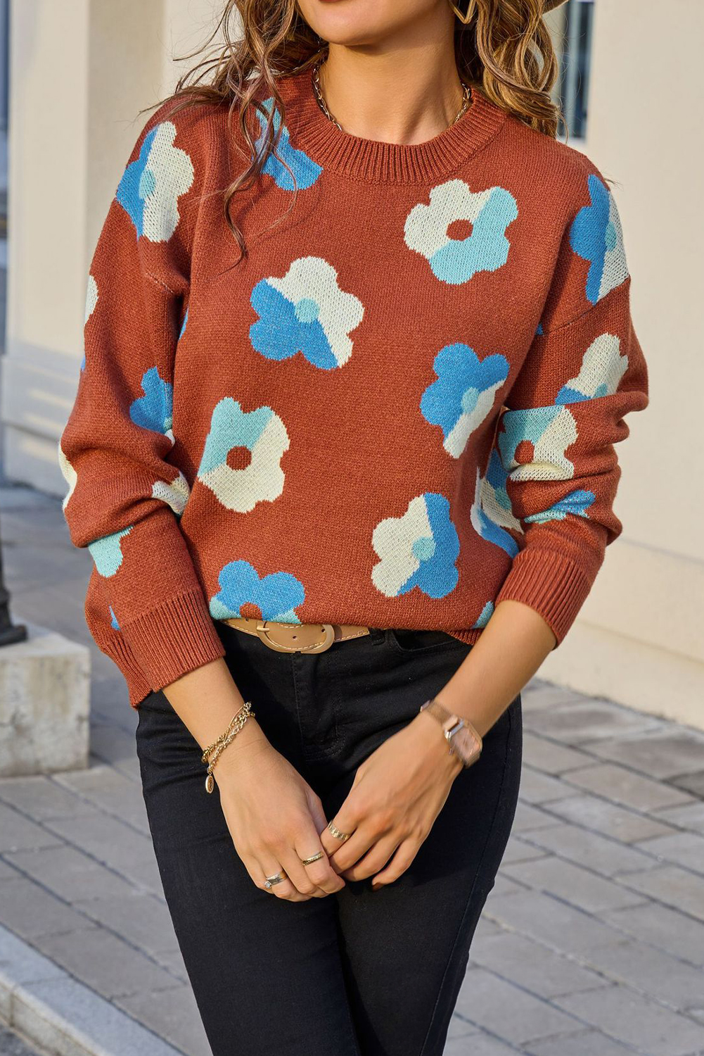 Brown Color Block Flower Cute Pattern Drop Shoulder Bulk Sweater