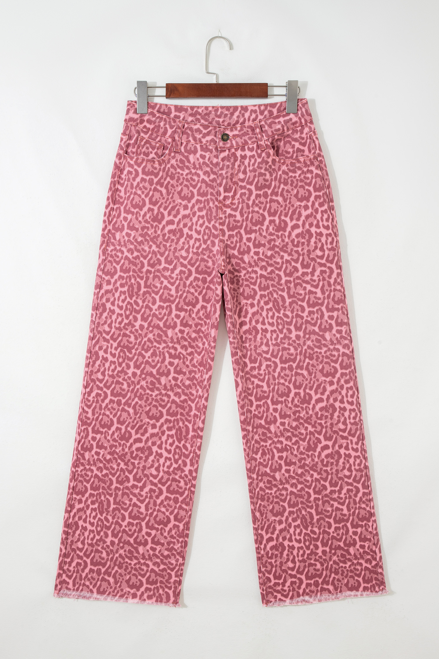 Rose Leopard Frayed Edge Wide Leg High Waist Jeans