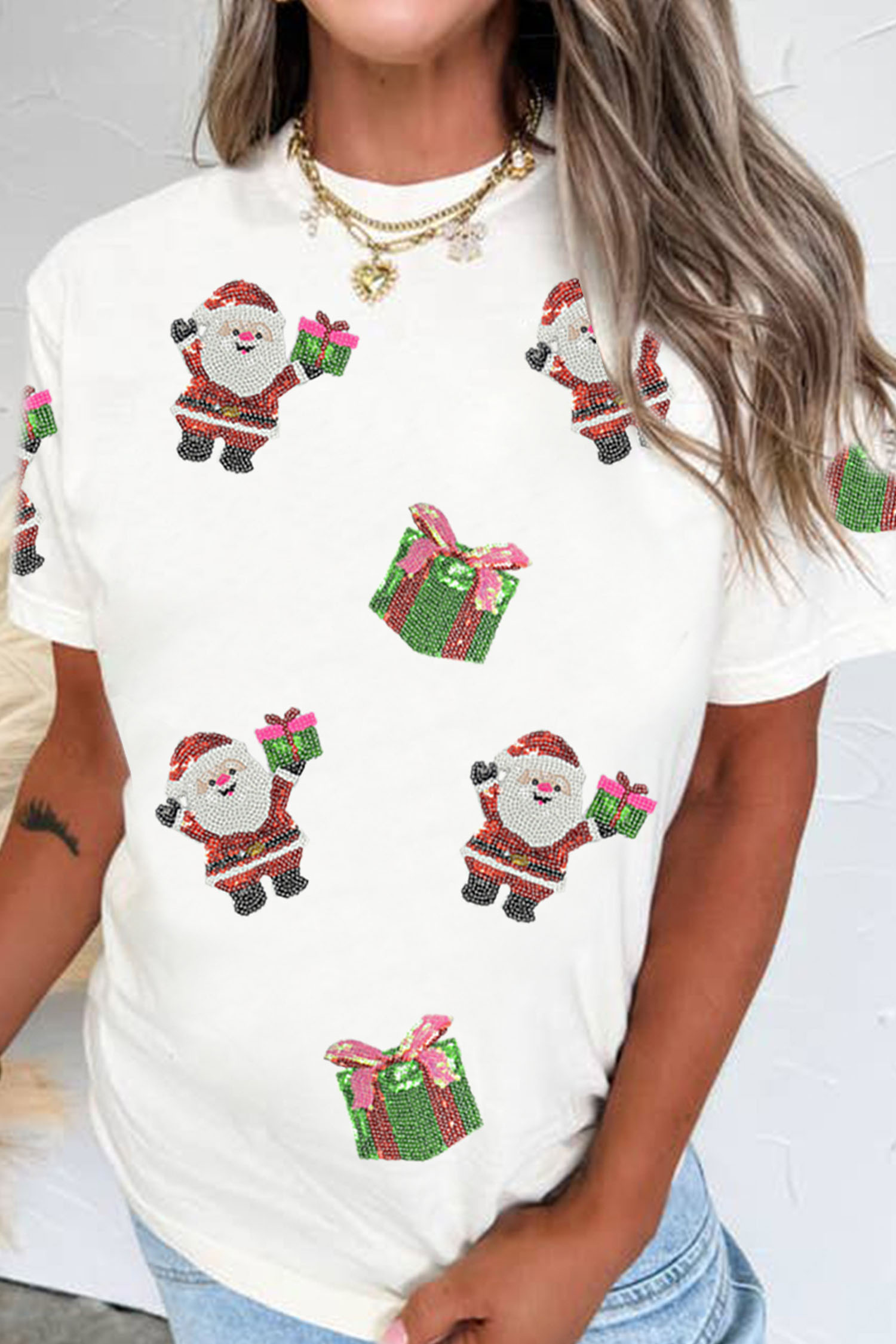 White Santa Deliver Gift Sequin Patched Christmas T Shirt