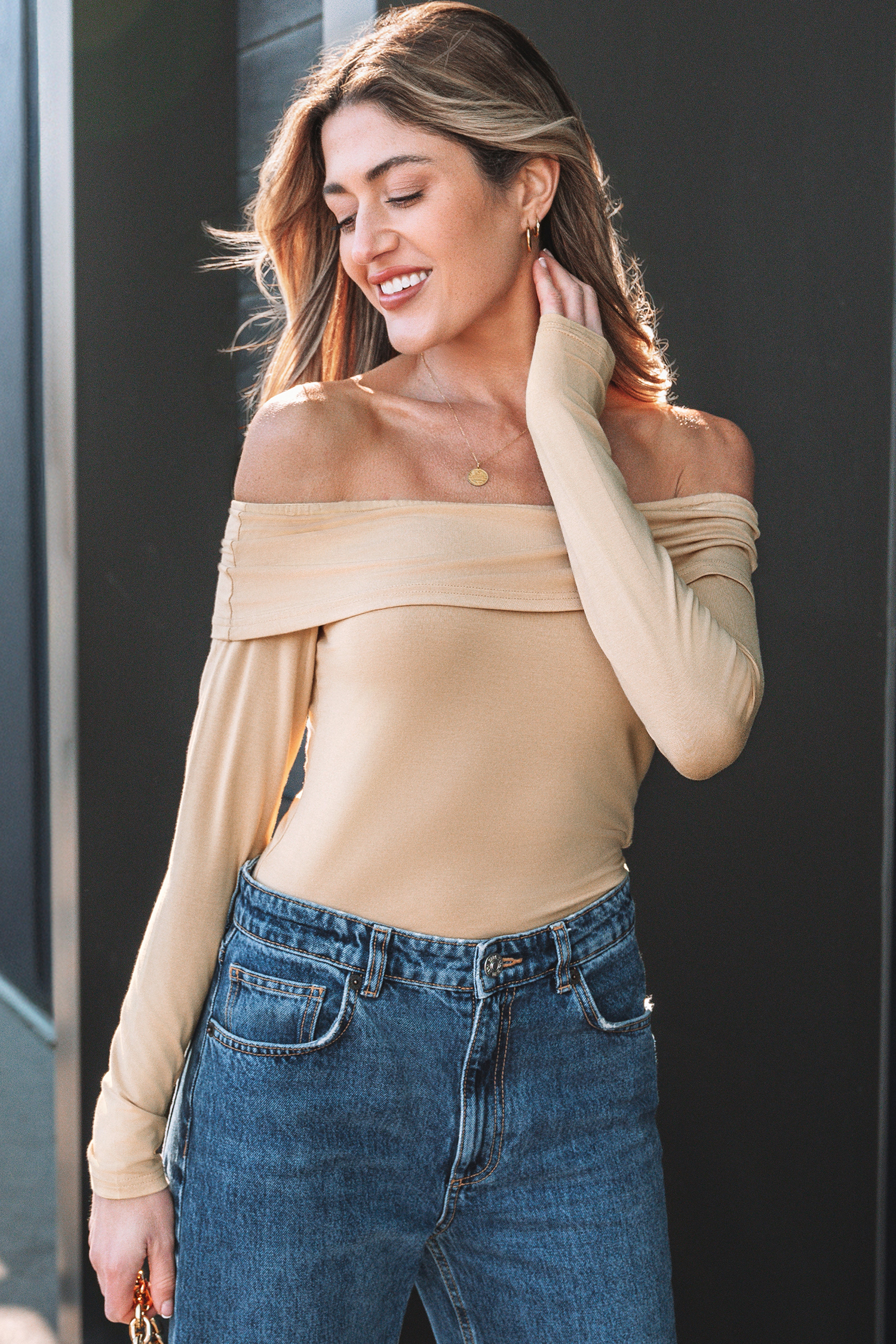 Fiery Red Foldover Off Shoulder Long Sleeve Slim Top