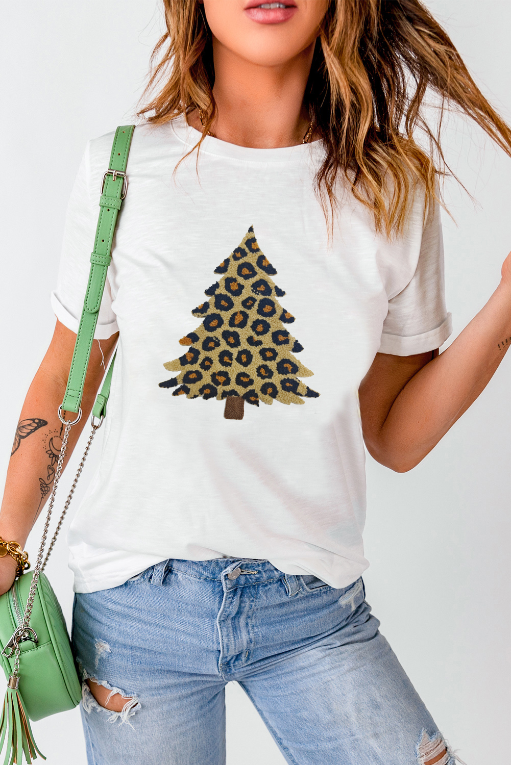 White Leopard Plush Christmas Tree Patched Graphic Tee