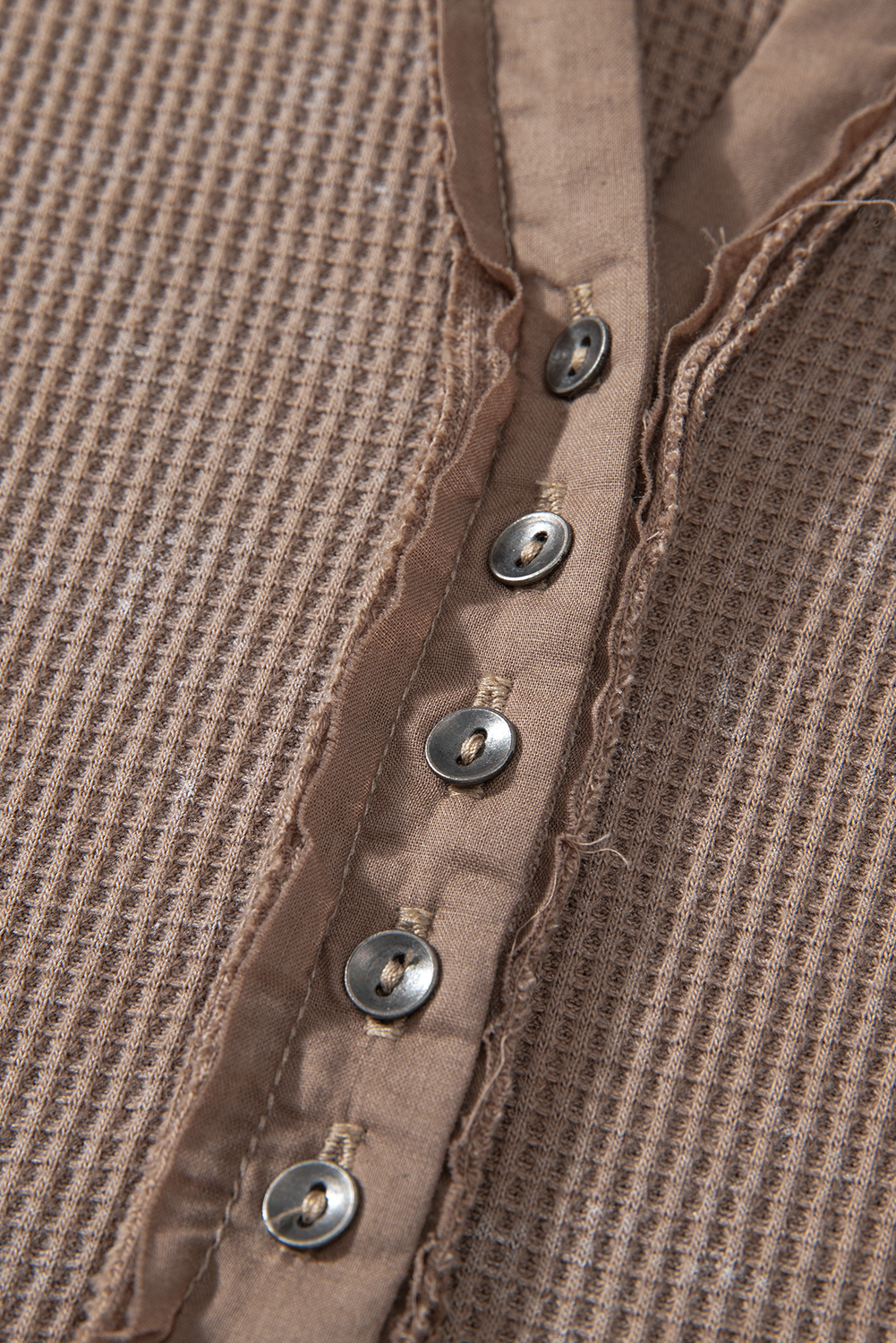 Smoke Green Acid Wash Waffle Knit Buttoned Neckline Long Sleeve Top