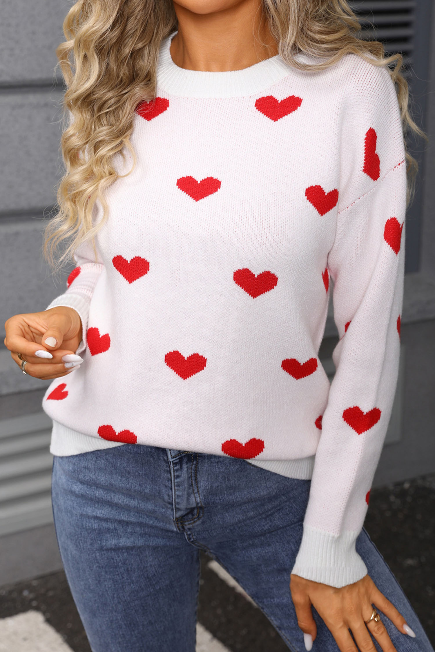 White Classic Round Neck Drop Shoulder Heart Print Sweater