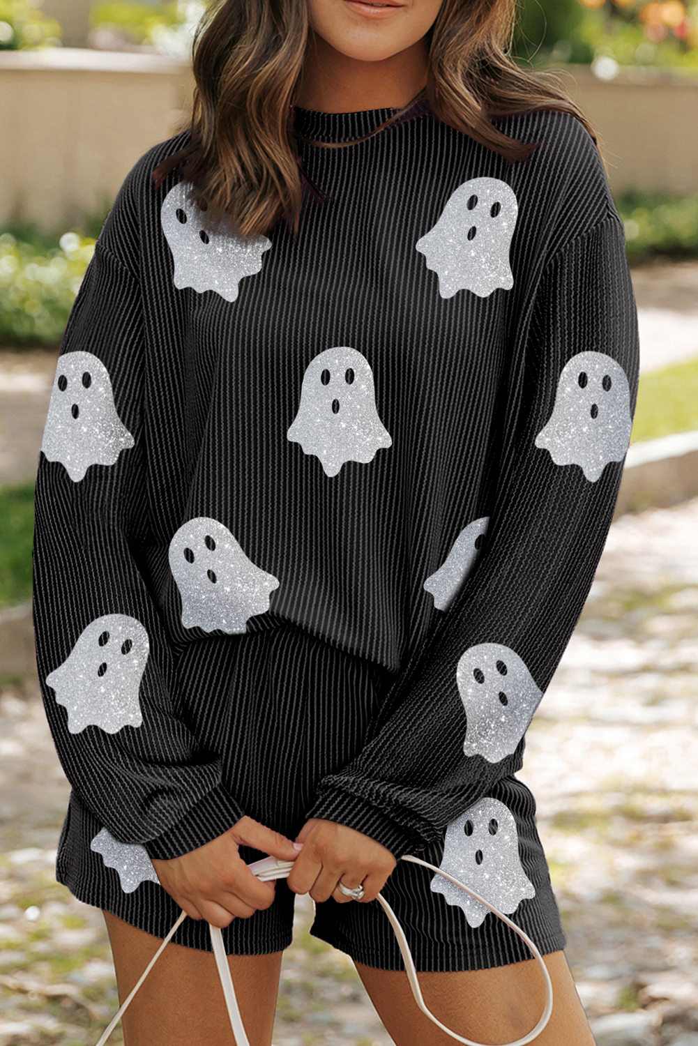 Wisteria Glitter Trim Chenille Ghost Patched Halloween Graphic Tee