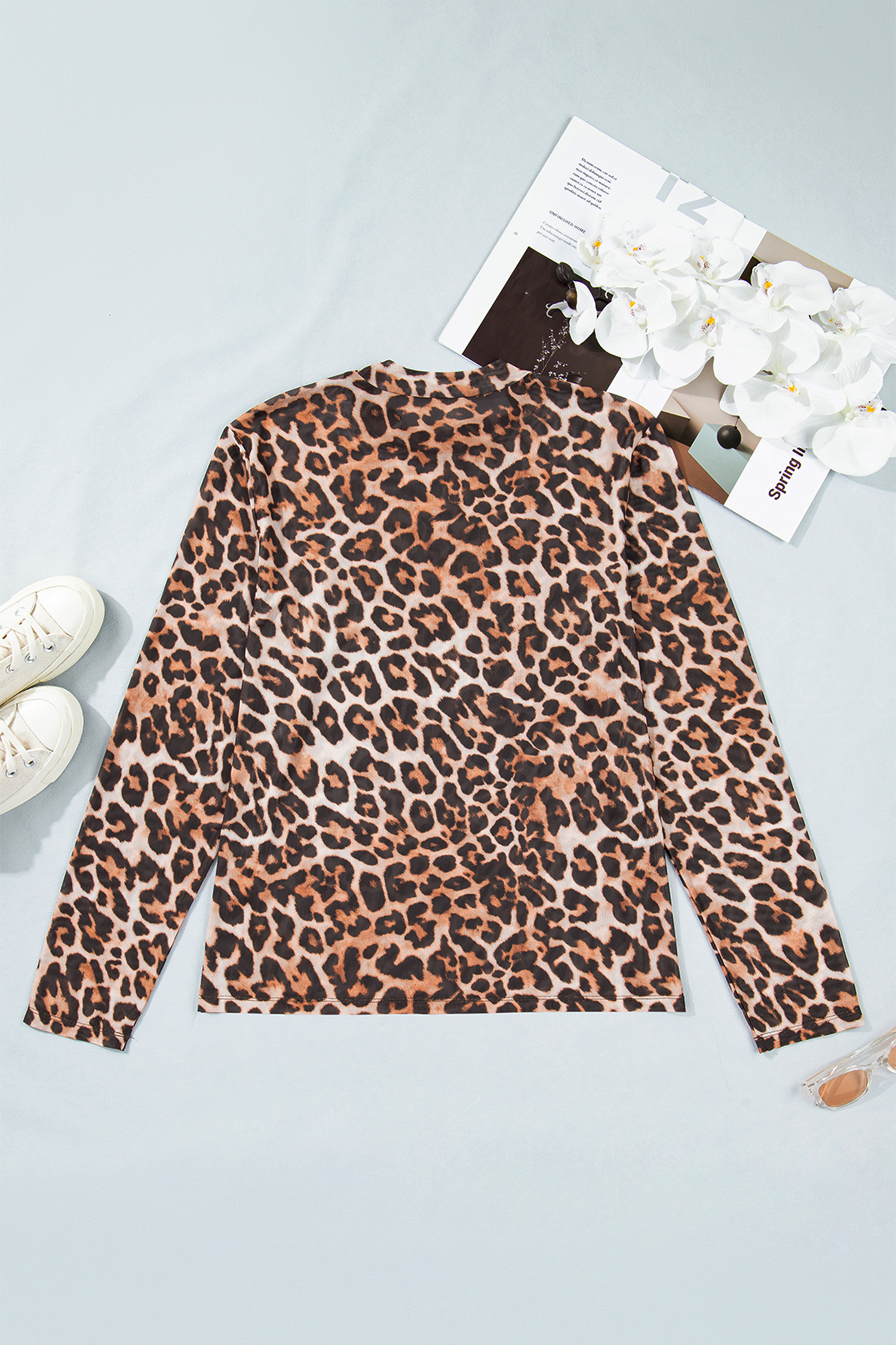 Brown Leopard Mock Neck Long Sleeve Mesh Top