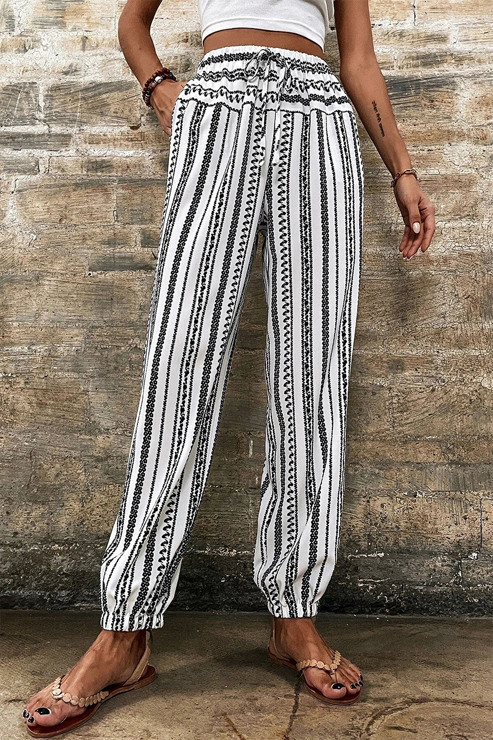 Black Stripe Boho Print Drawstring Elastic Waistband Casual Joggers
