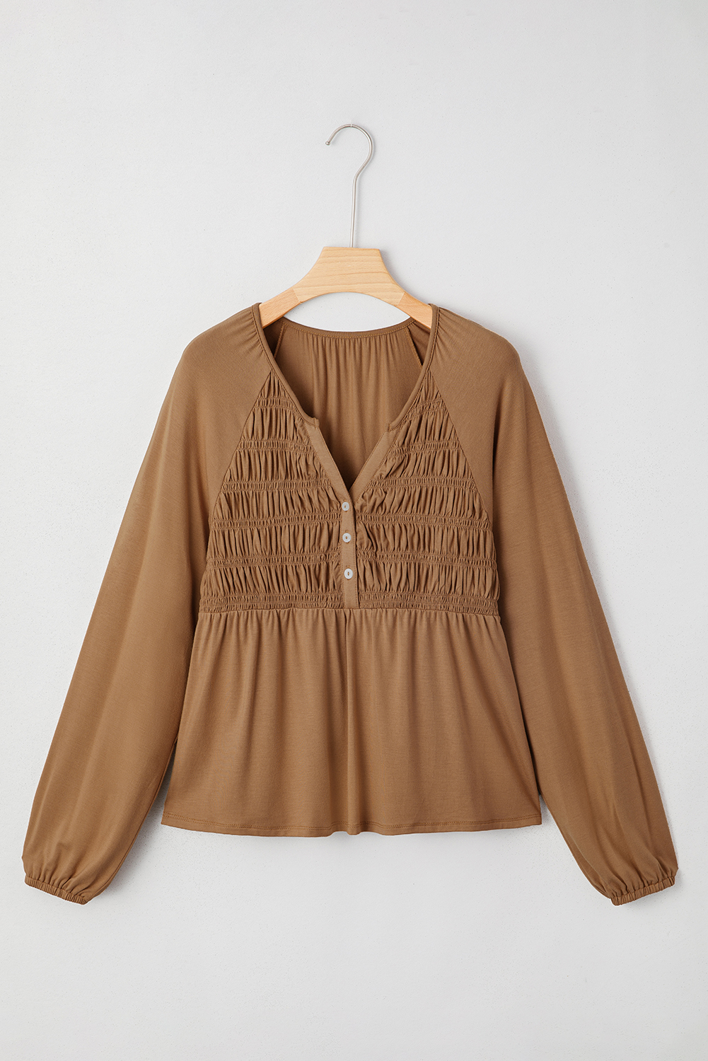 Black Smocked Bust Buttoned Split V Neck Flow Fit Blouse