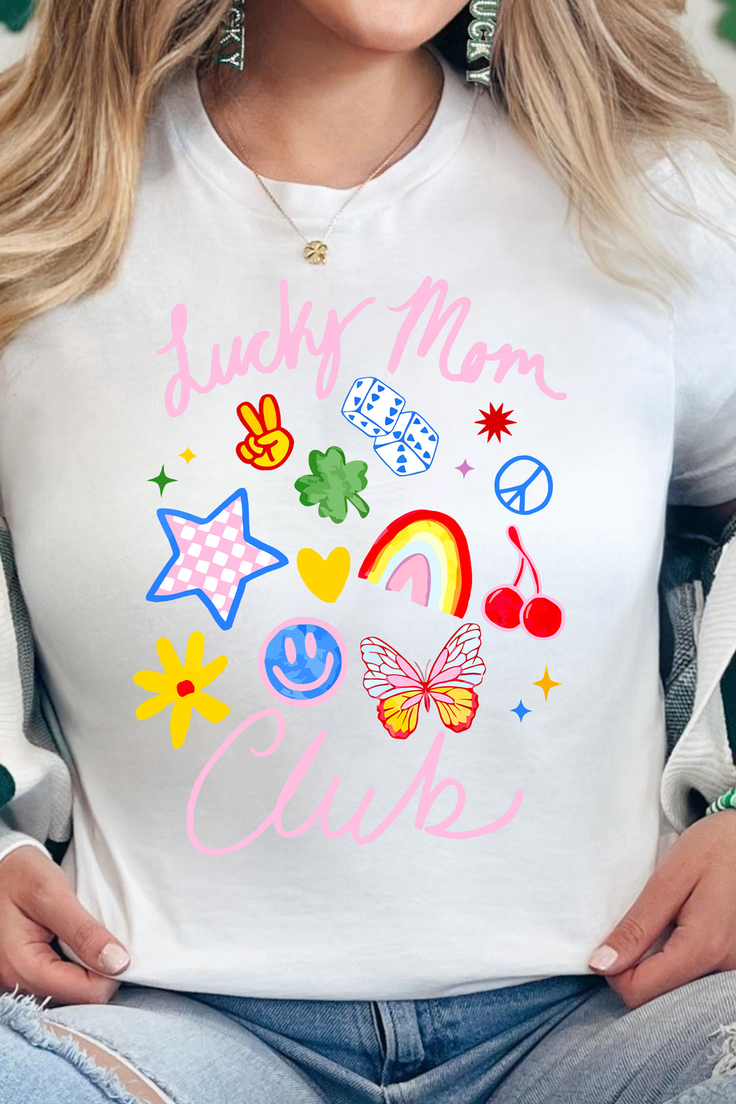 White Lucky Mom Club Vibrant Printed Casual T Shirt