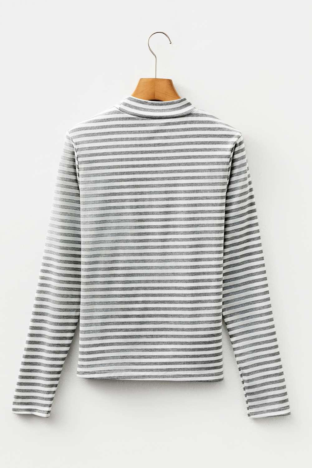 Gray Stripe Ribbed High Neck Slim Fit Long Sleeve Top