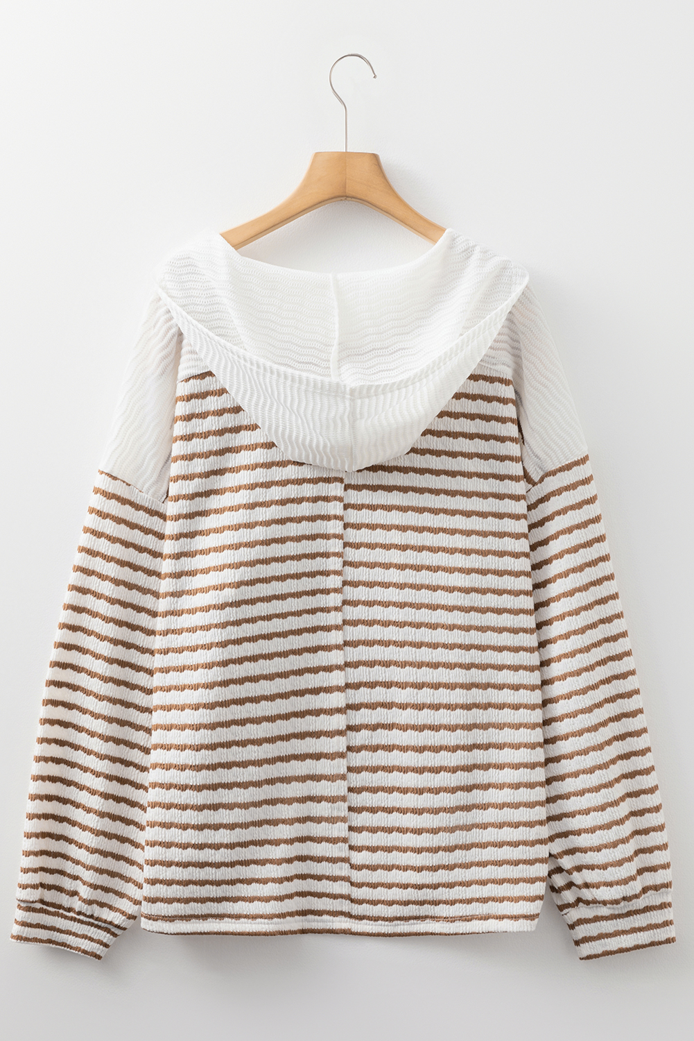Khaki Stripe Textured Hooded V Neck Casual Long Sleeve Top
