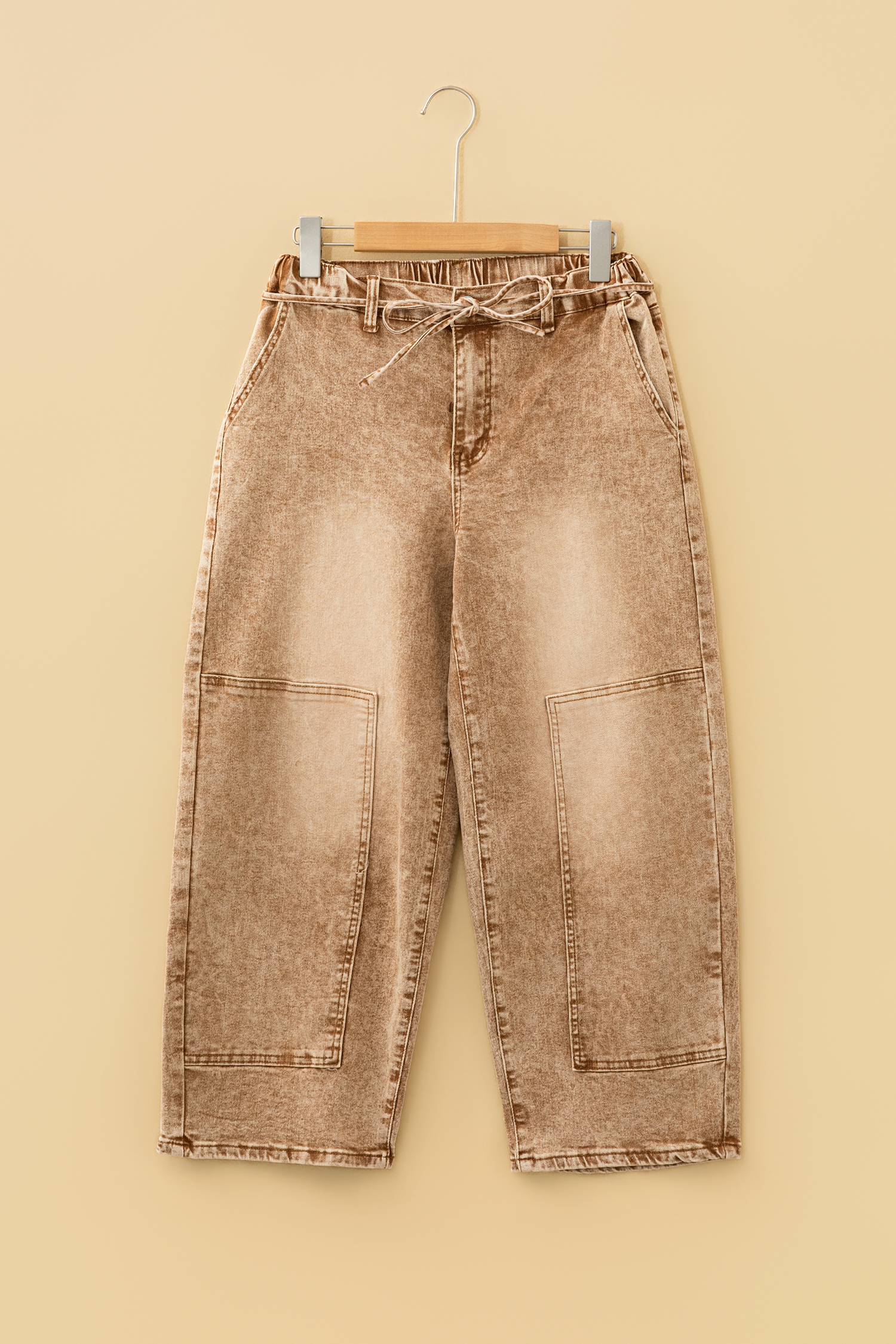 Smoke Gray Acid Wash Barrel Fit Denim Pants with Waist String