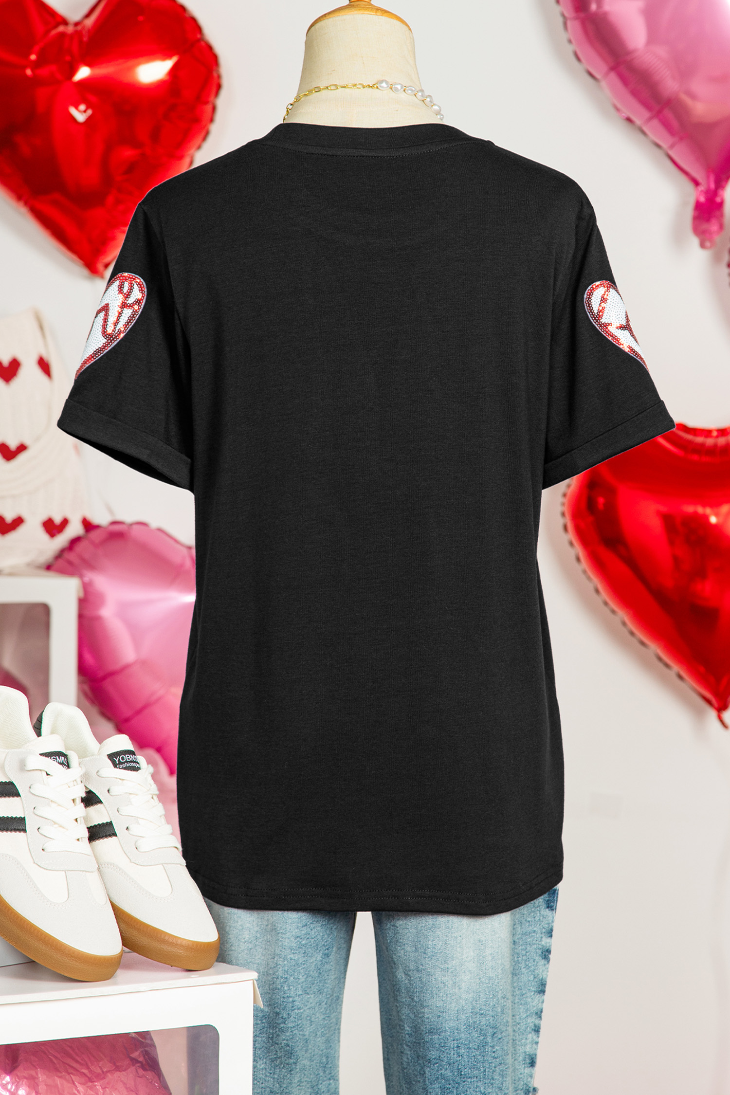 Black Sequin Heart Patched Valentines Day Fashion Graphic Tee