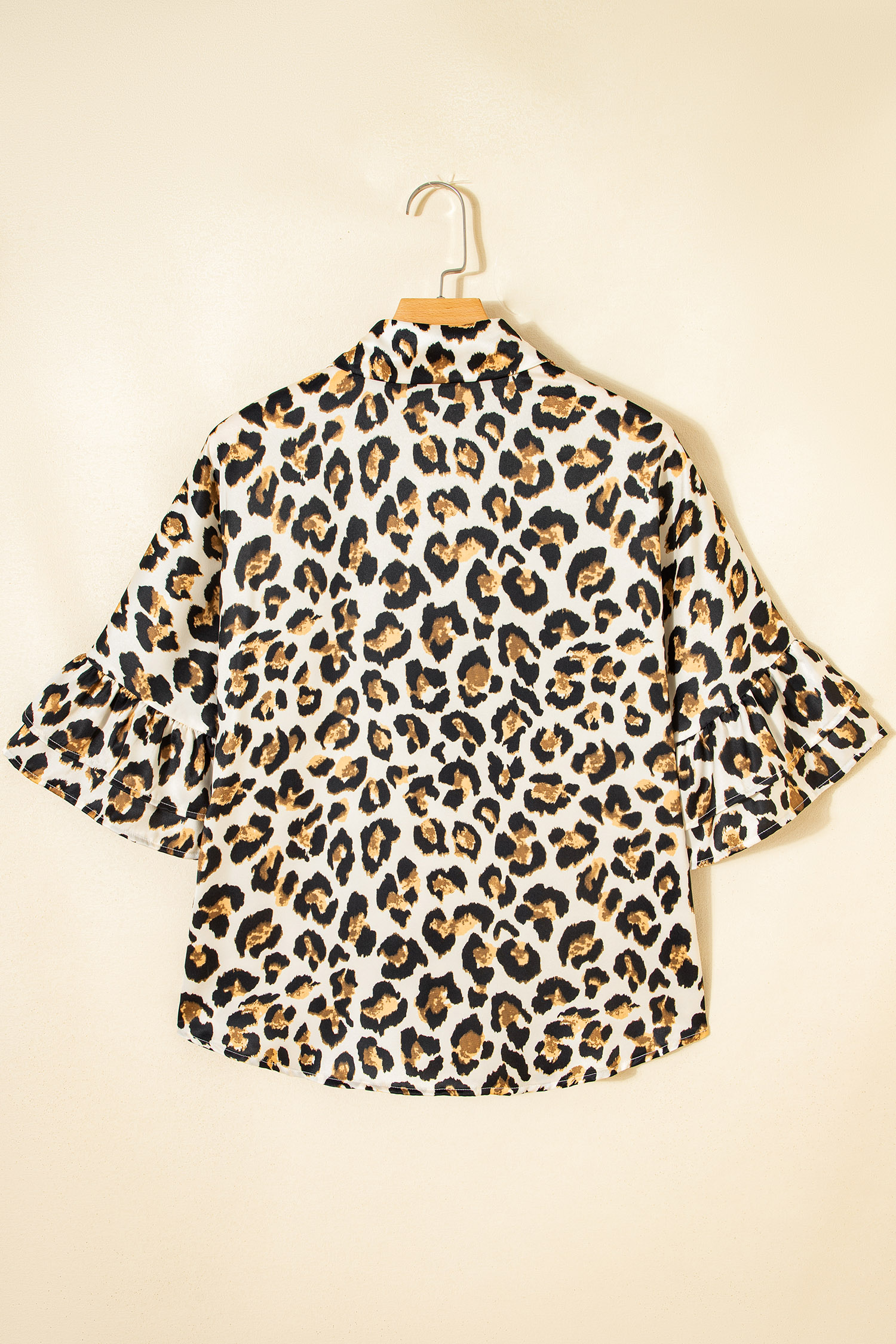Khaki Leopard Print Ruffle Trim 3/4 Sleeve Loose Shirt