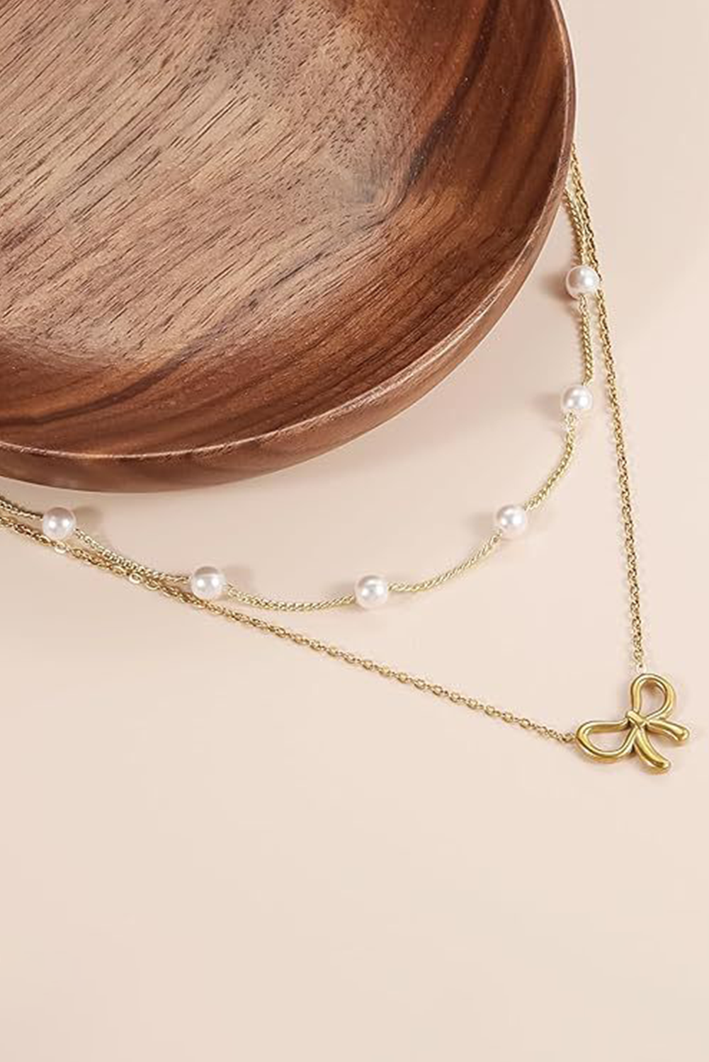 Gold Bow Pendant Pearl Beads Double Layer Necklace