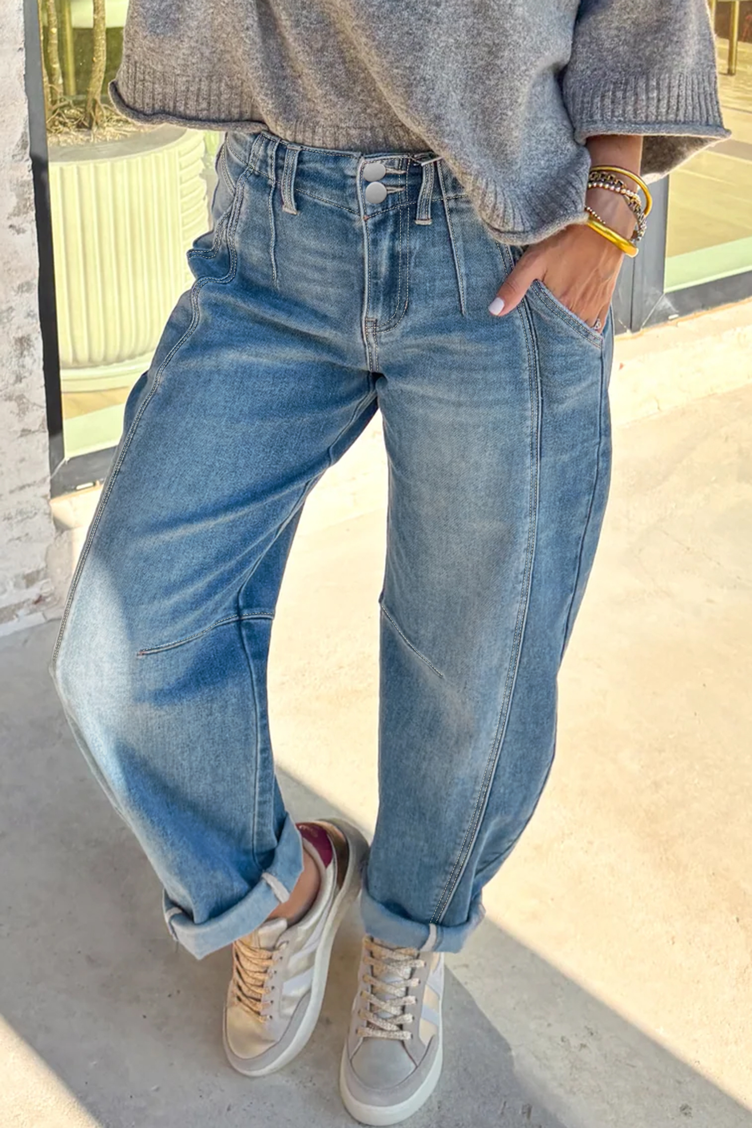 Sky Blue Medium Wash Cuffed Barrel Jeans