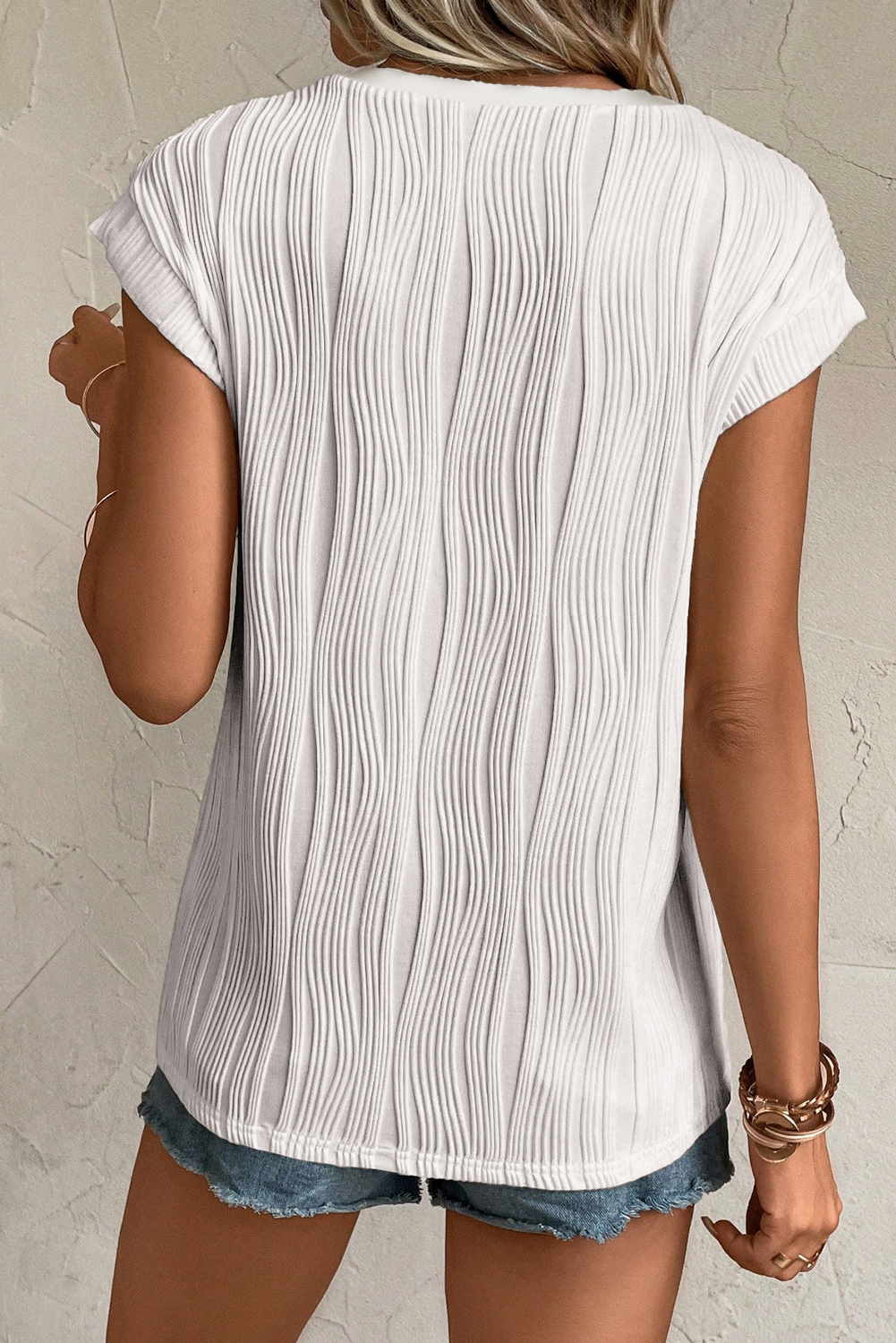 White Wavy Textured Button V Neck Tee