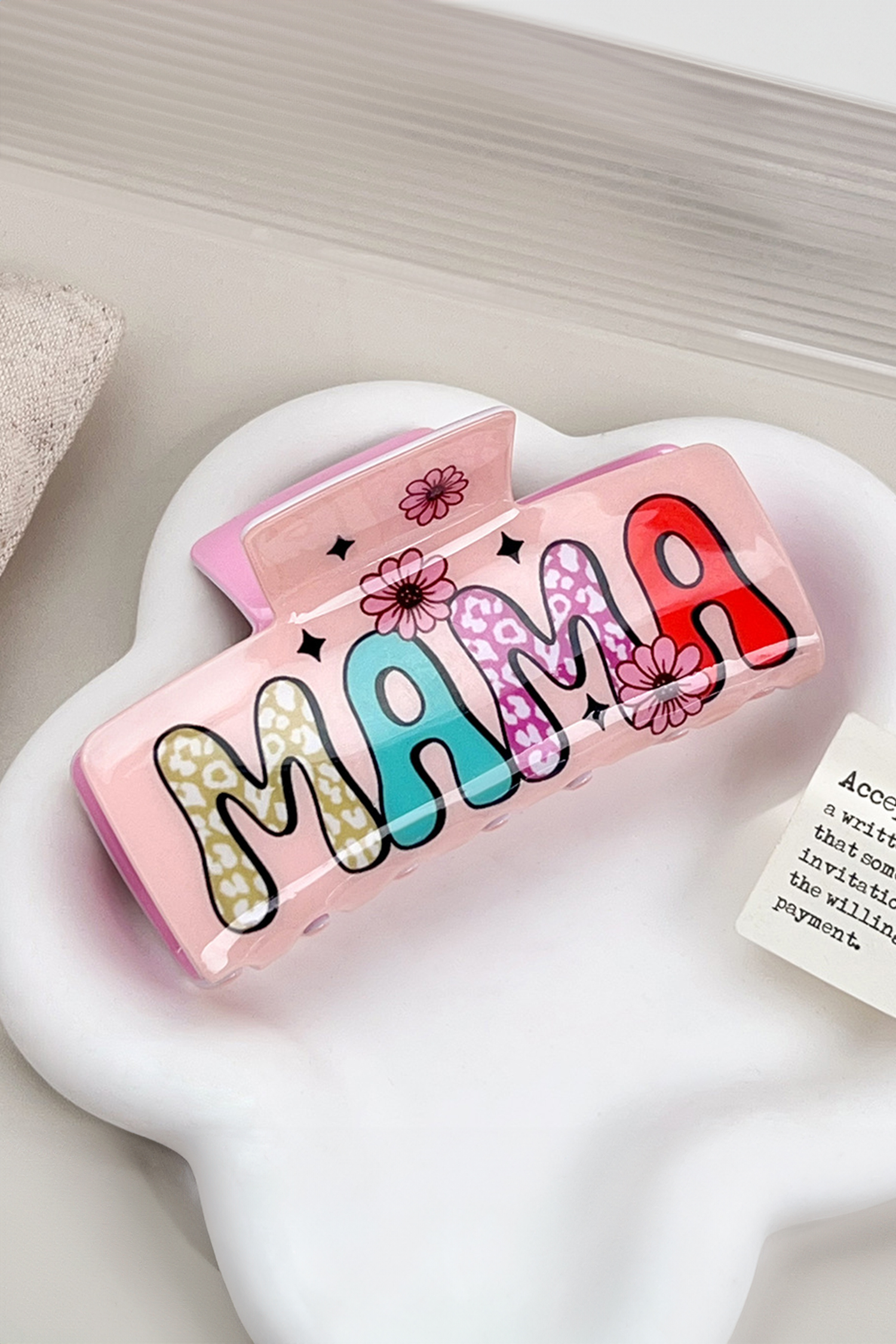 Pink MAMA Flower Printed Acrylic Large Square Hair Claw Clip