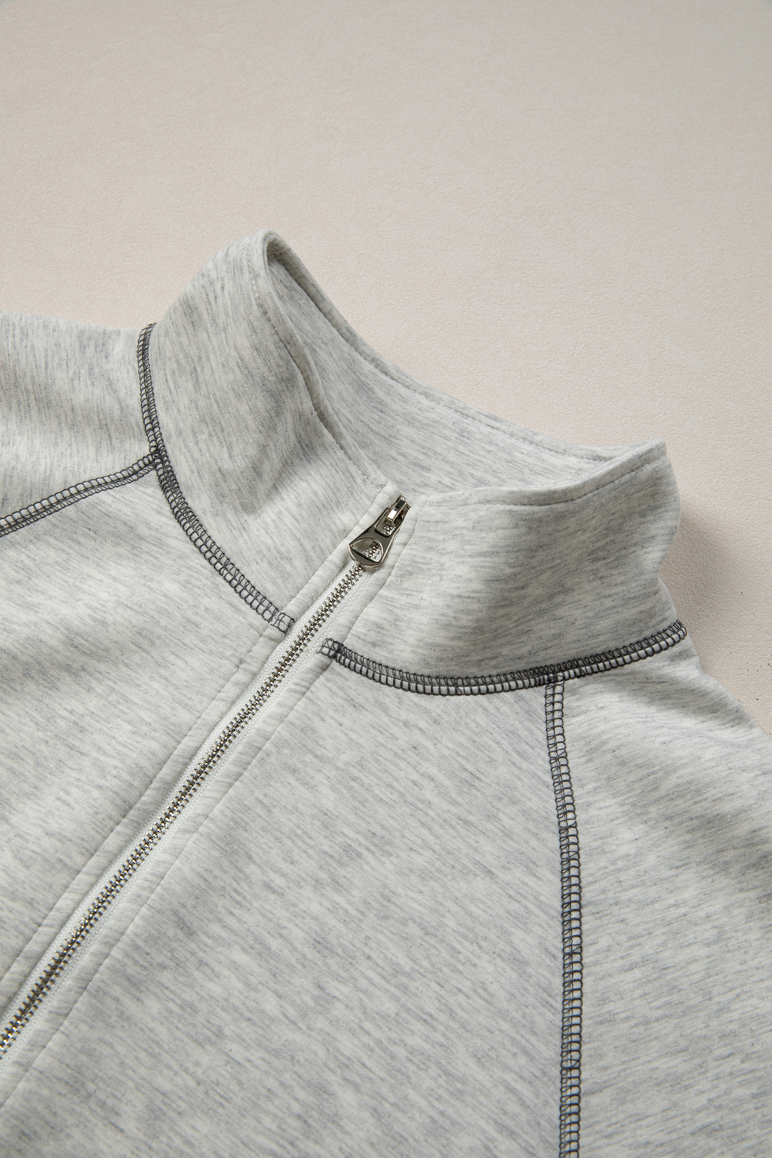 Light Grey Half Zip Stand Neck Seam Detail Long Sleeve Top