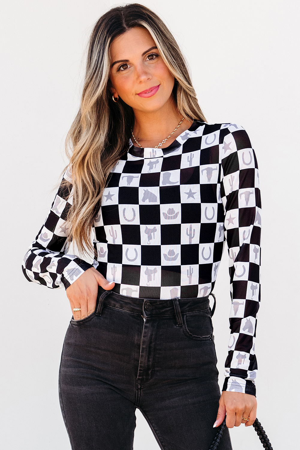 Khaki Checkered Pattern Mesh Mock Neck Long Sleeve Top