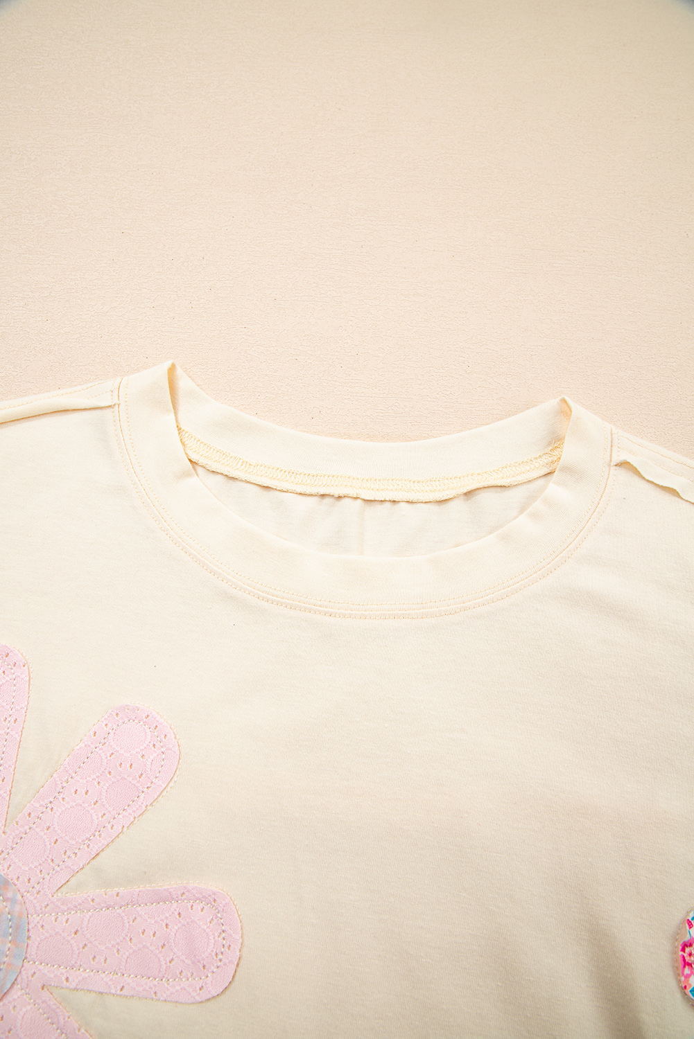 Apricot Flower Patched Exposed Stitching Trim Crew Neck Loose Tee