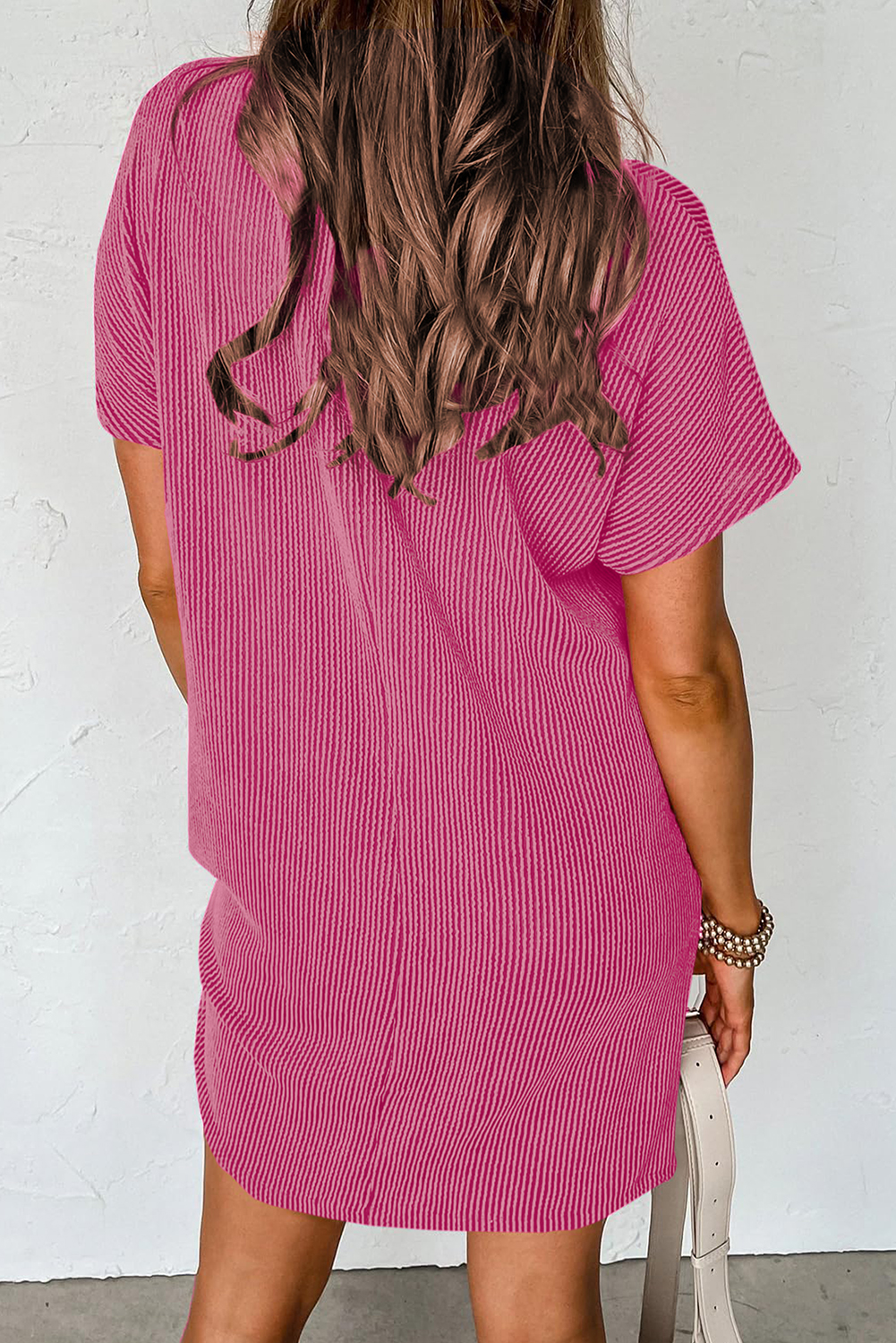 Bright Pink Striped Ribbed Knit T-shirt Shift Dress