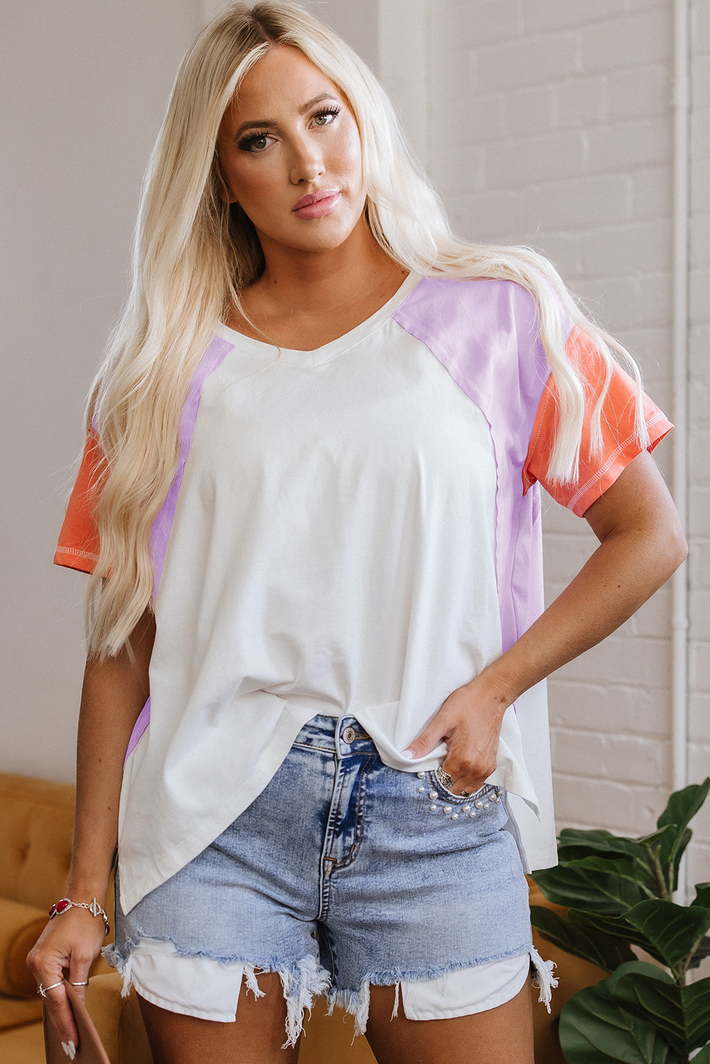 Beige Colorblock Patchwork V Neck Exposed Seam High Low T Shirt