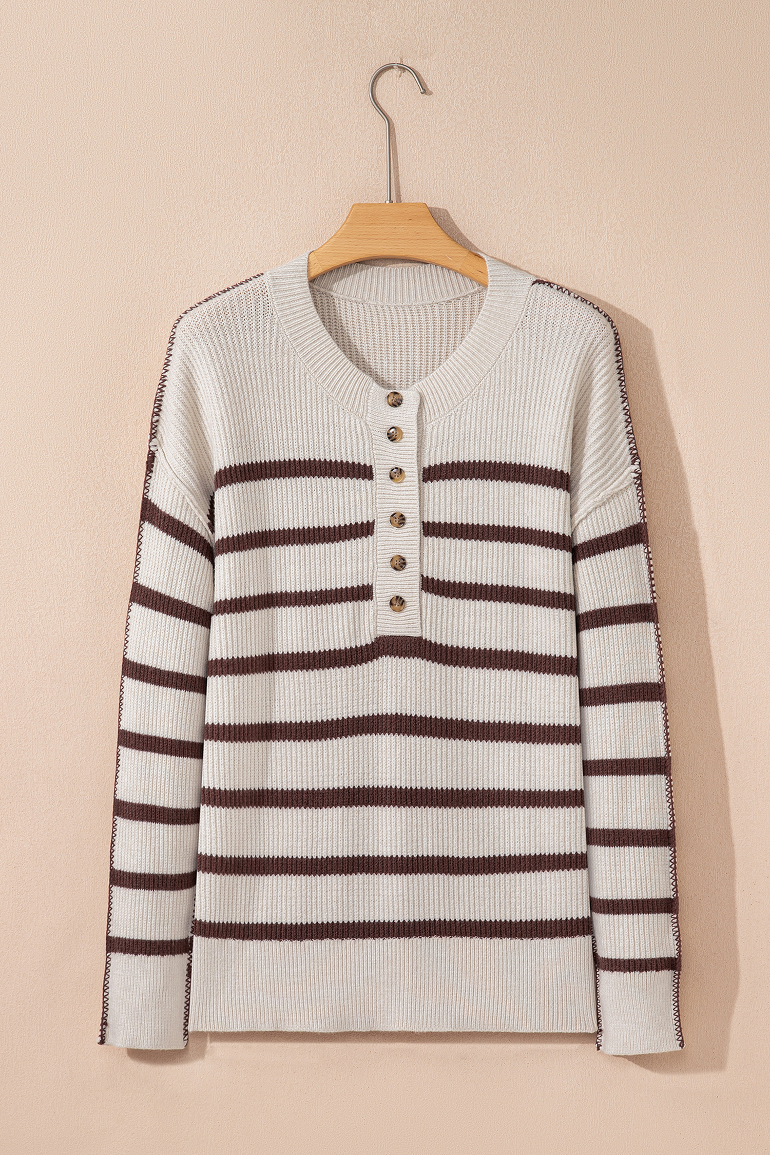 Brown Stripe Ribbed Henley Drop Shoulder Slouchy Sweater