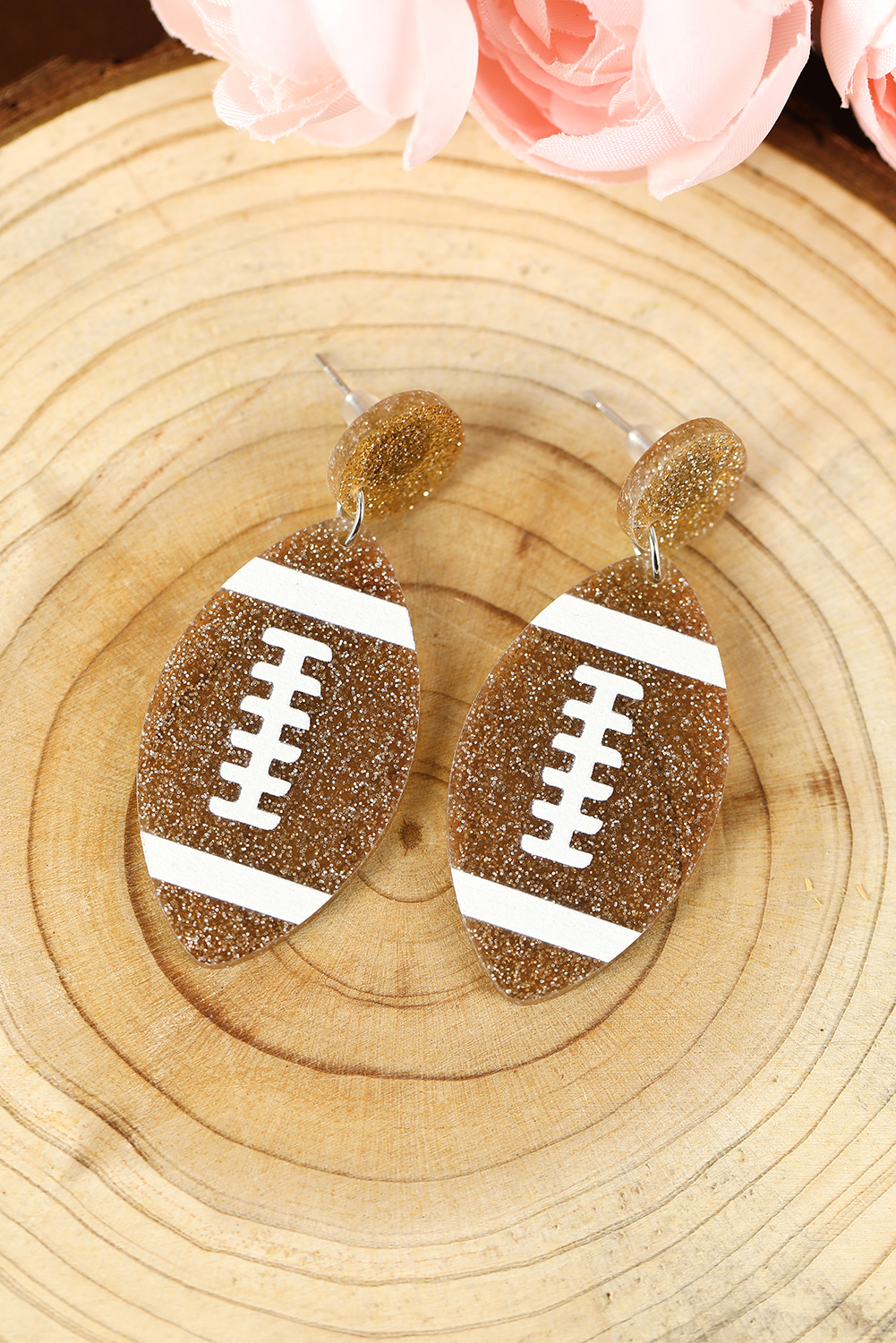 Brown Glittering Rugby Football Pendant Game Day Earrings