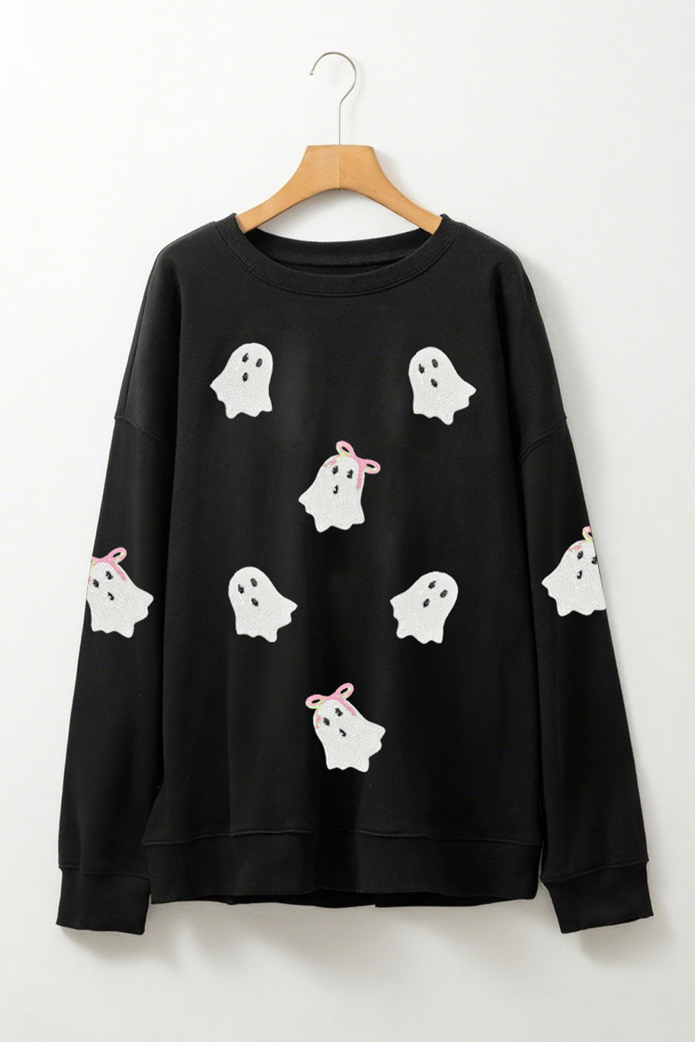 Wisteria Glitter Trim Chenille Ghost Patched Halloween Graphic Tee