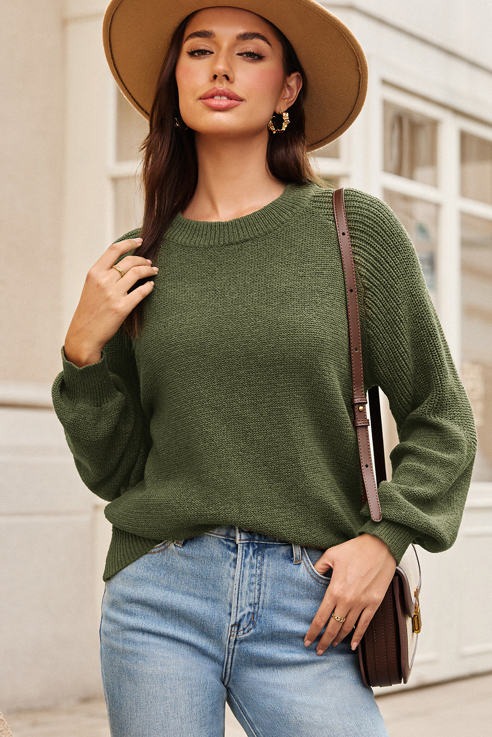 Vineyard Green Chunky Knit Raglan Sleeve Pullover Sweater