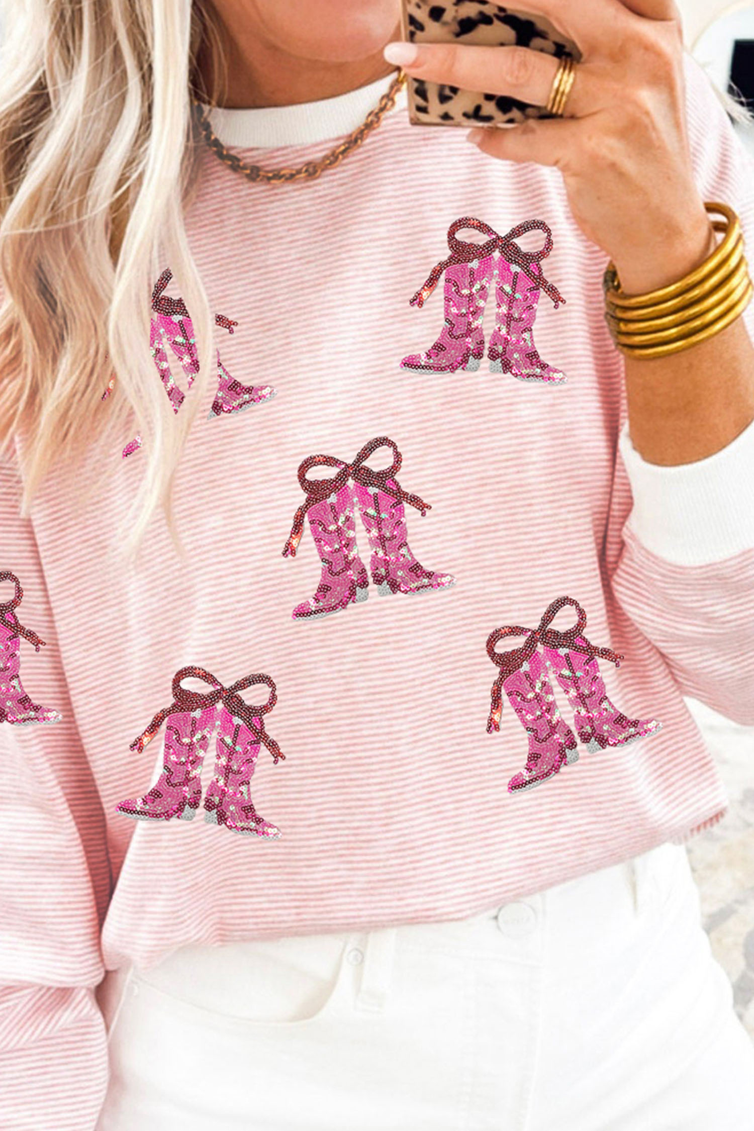 Pink Stripe Cowgirl Boots Sequin Pattern Round Neck Long Sleeve T Shirt