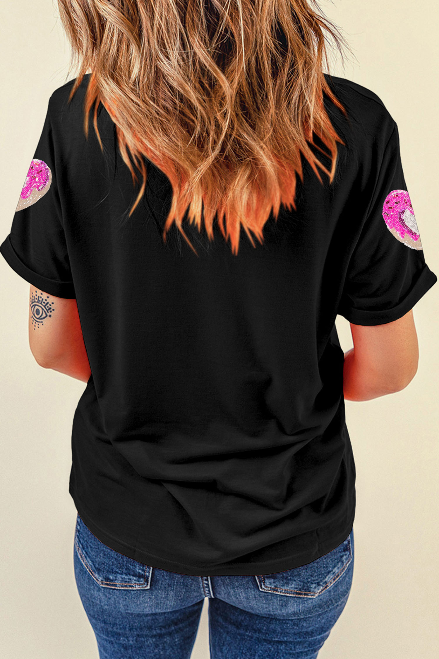 Black Sequin Donut Heart Valentines Graphic Tee