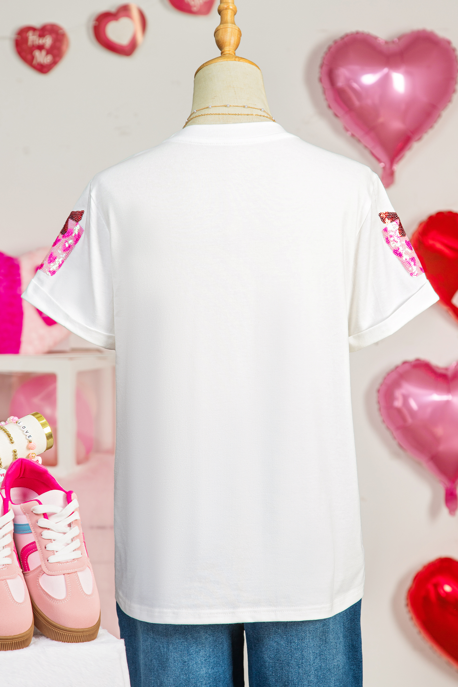 White Valentines Gift Kiss Lip Sequin Graphic T Shirt